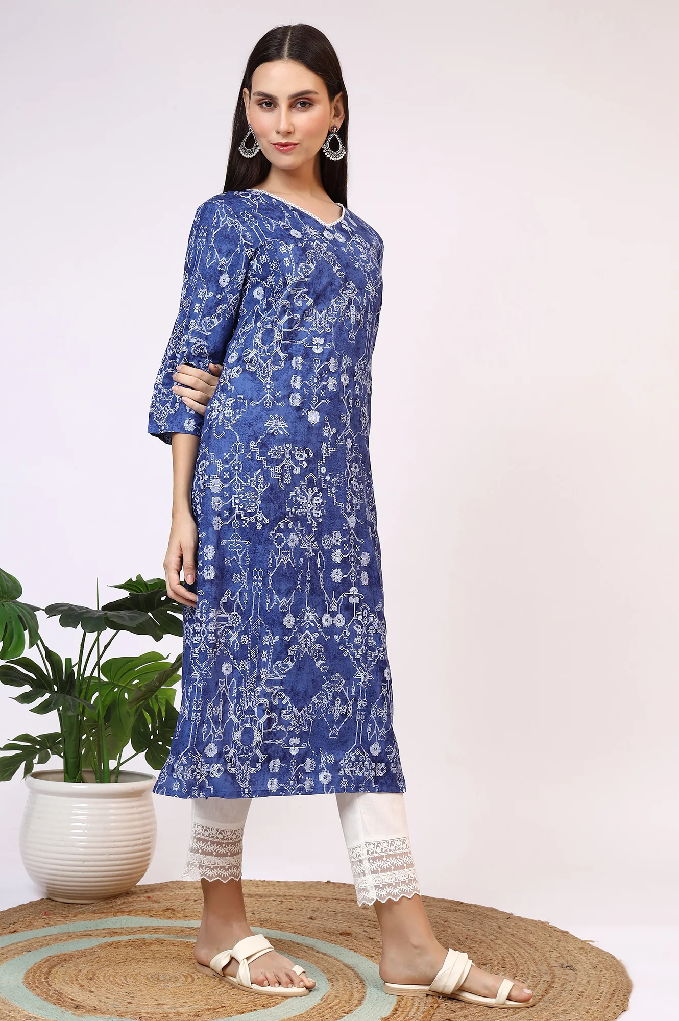 Navy Blue Printed Rayon Straight Kurta with Lace - Image 7