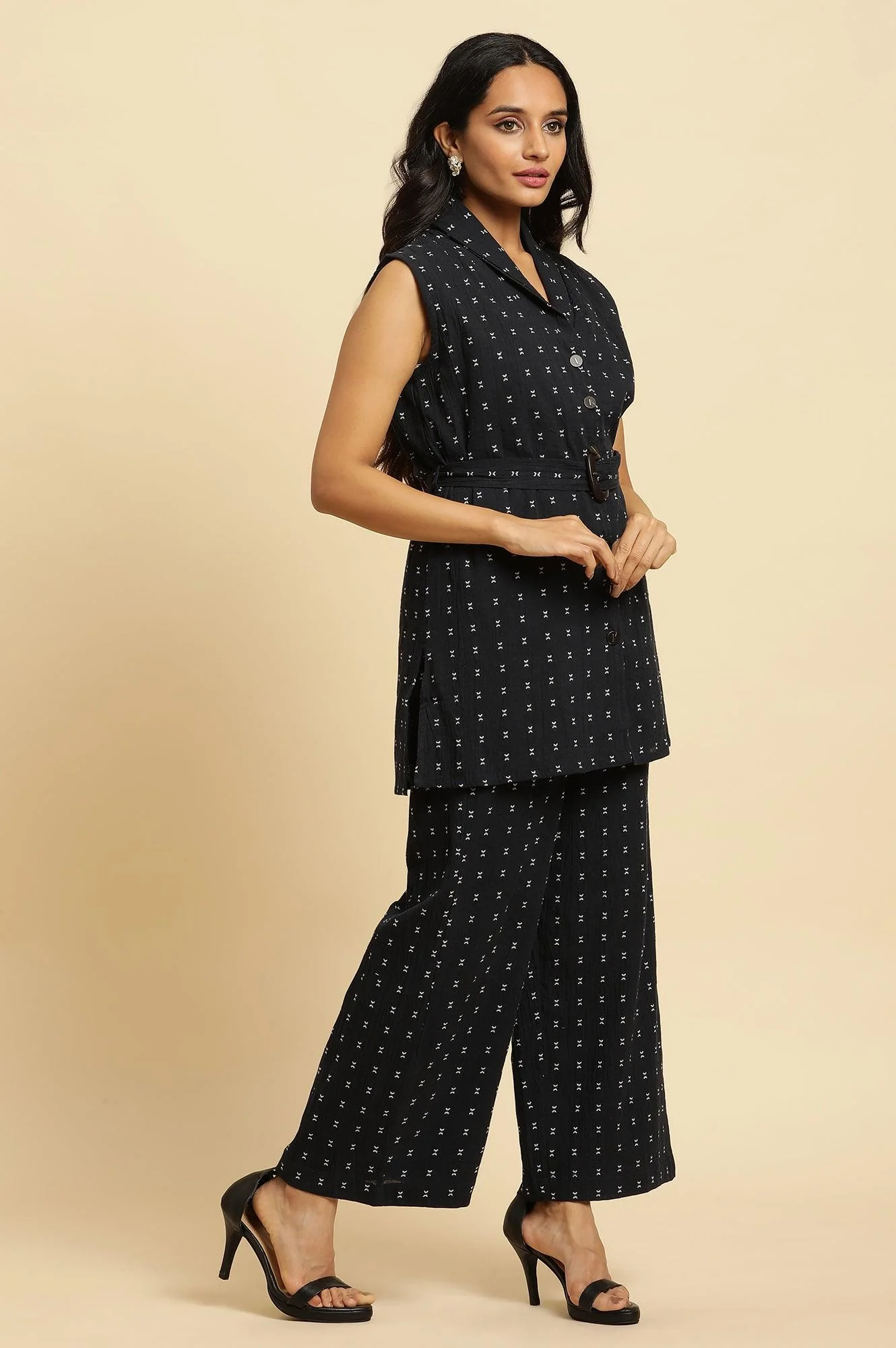 Navy Blue Sleeveless Cotton Dobby Kurta And Pant Co-Ord Set - Image 5