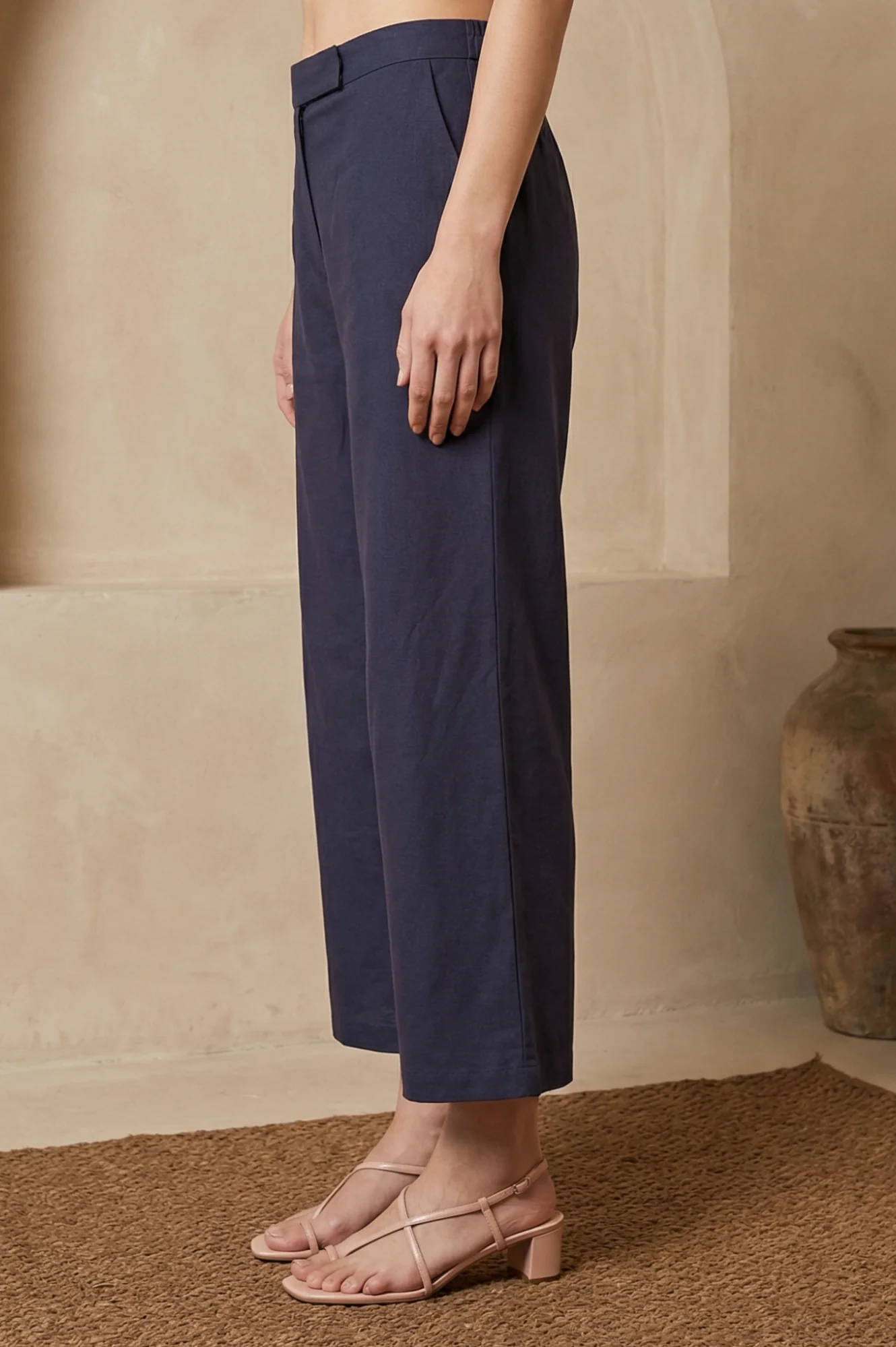 Navy Blue Solid Buttons Wide Leg Ankle Length High Rise Pants - Image 2