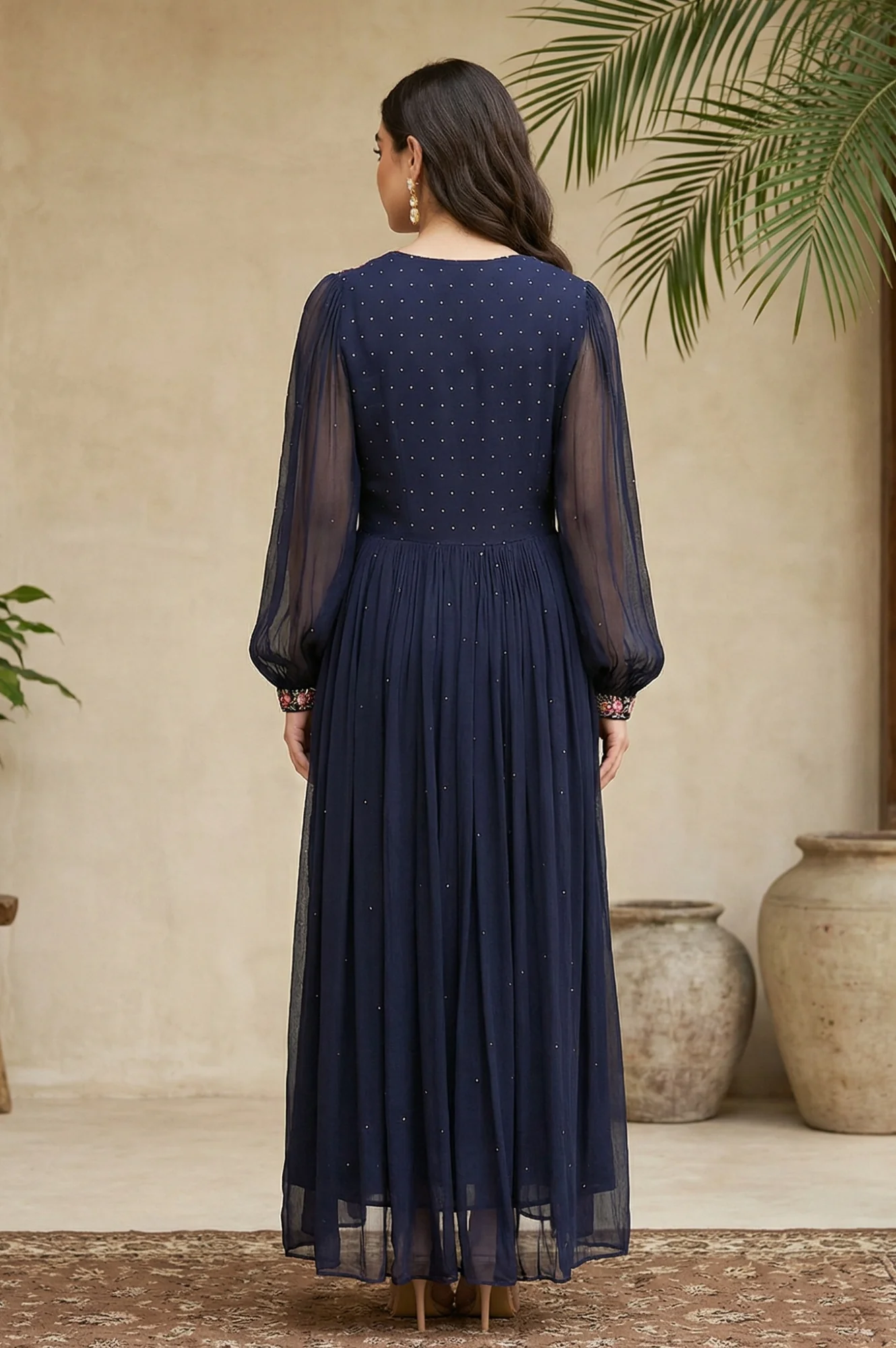 Navy Blue Chiffon Dress with Embroidered Yoke - Image 5