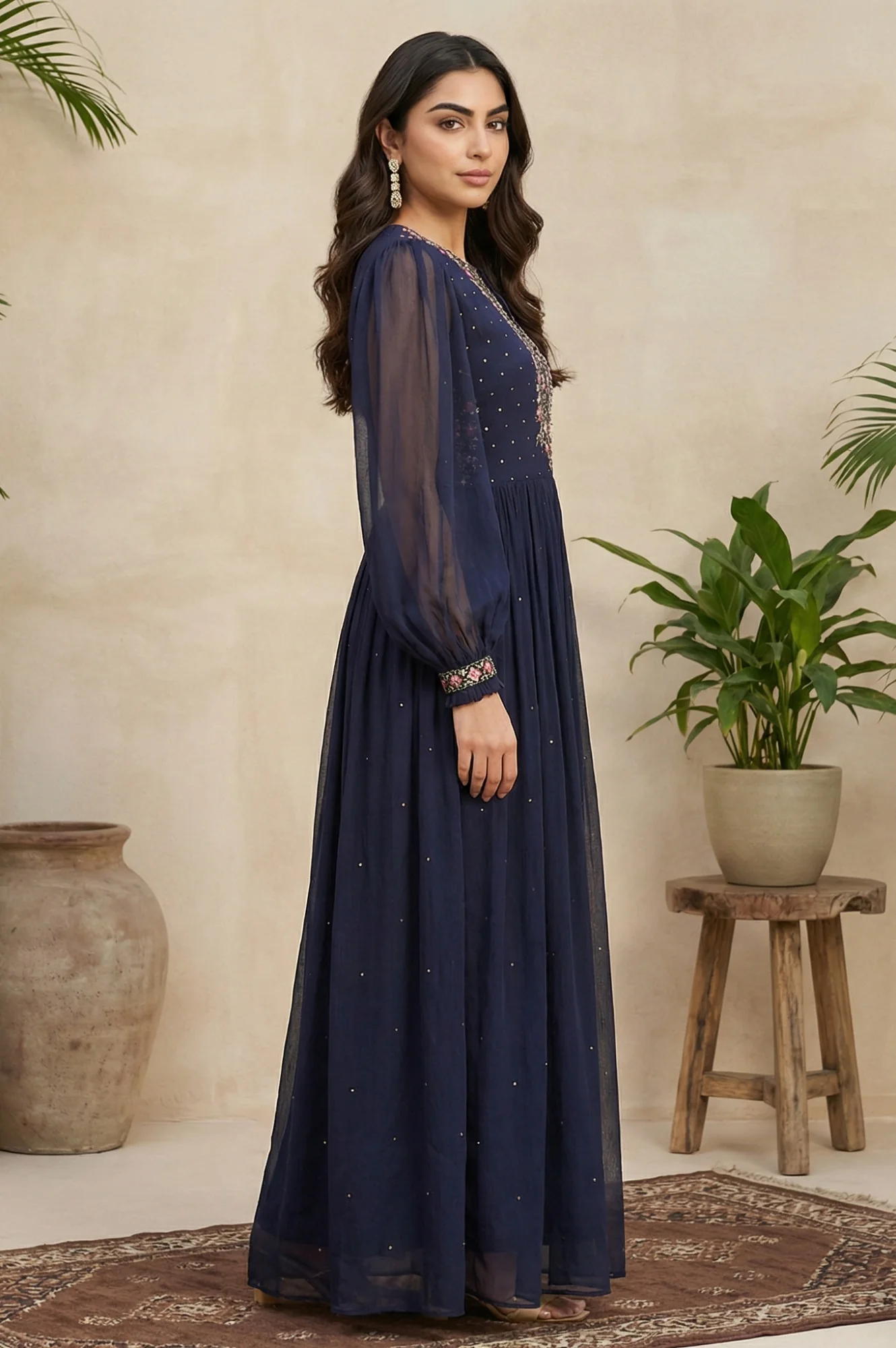 Navy Blue Chiffon Dress with Embroidered Yoke - Image 6