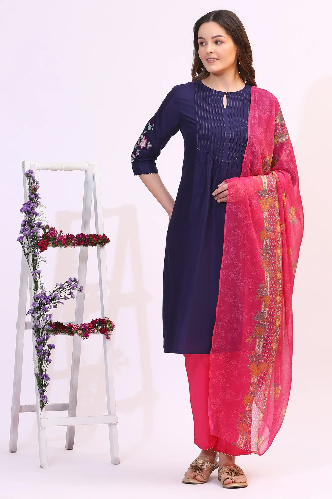 Navy Blue Embroidered Shantung Kurta, Pants and Dupatta Set - Image 2