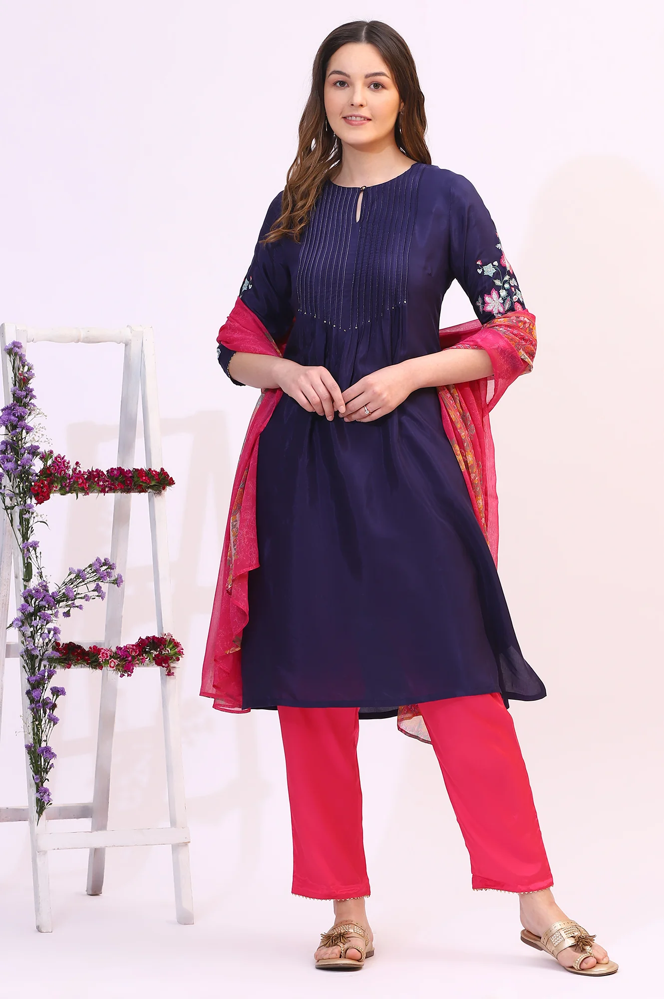 Navy Blue Embroidered Shantung Kurta, Pants and Dupatta Set - Image 3