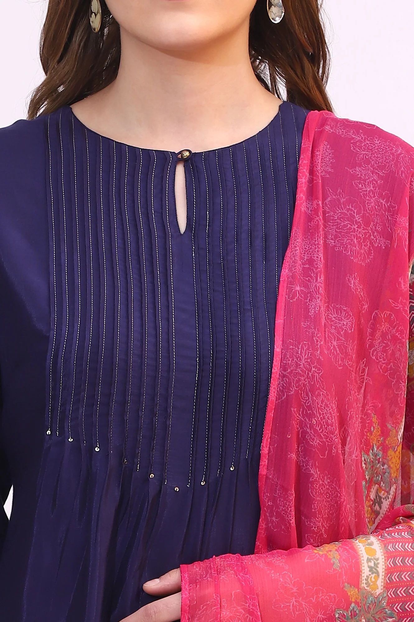 Navy Blue Embroidered Shantung Kurta, Pants and Dupatta Set - Image 4