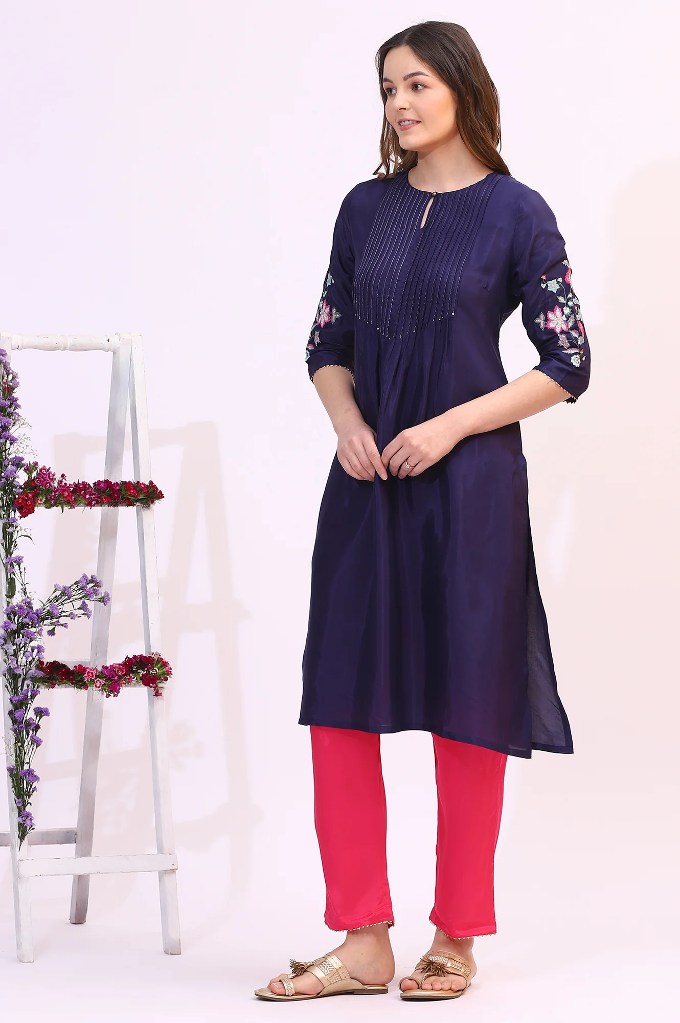 Navy Blue Embroidered Shantung Kurta, Pants and Dupatta Set - Image 5
