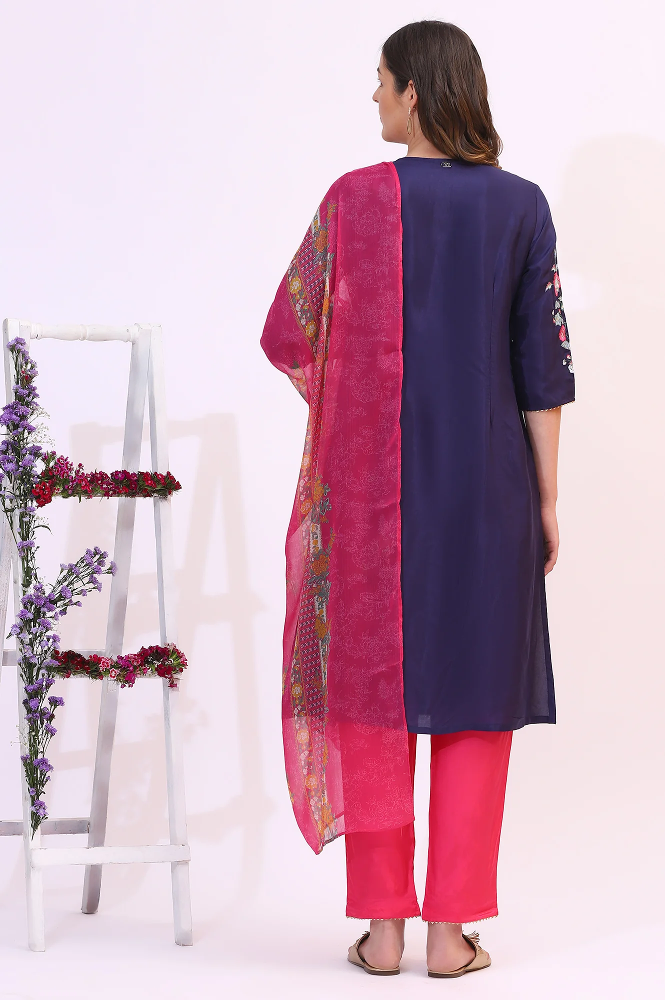 Navy Blue Embroidered Shantung Kurta, Pants and Dupatta Set - Image 6