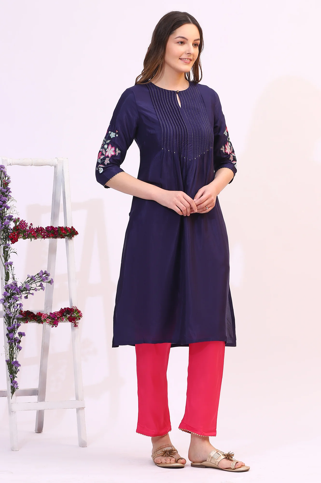 Navy Blue Embroidered Shantung Kurta, Pants and Dupatta Set - Image 7