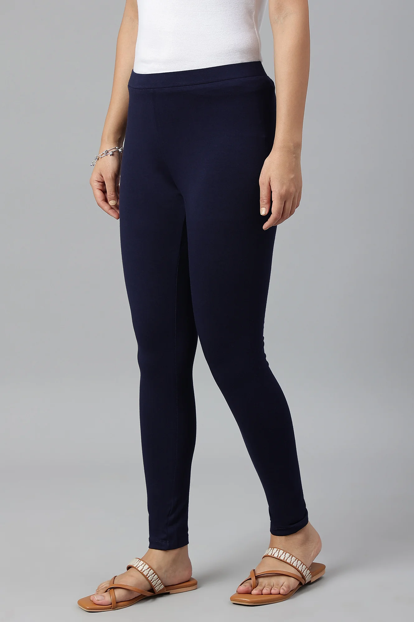 Navy Blue Solid Knitted Women Tights - Image 2