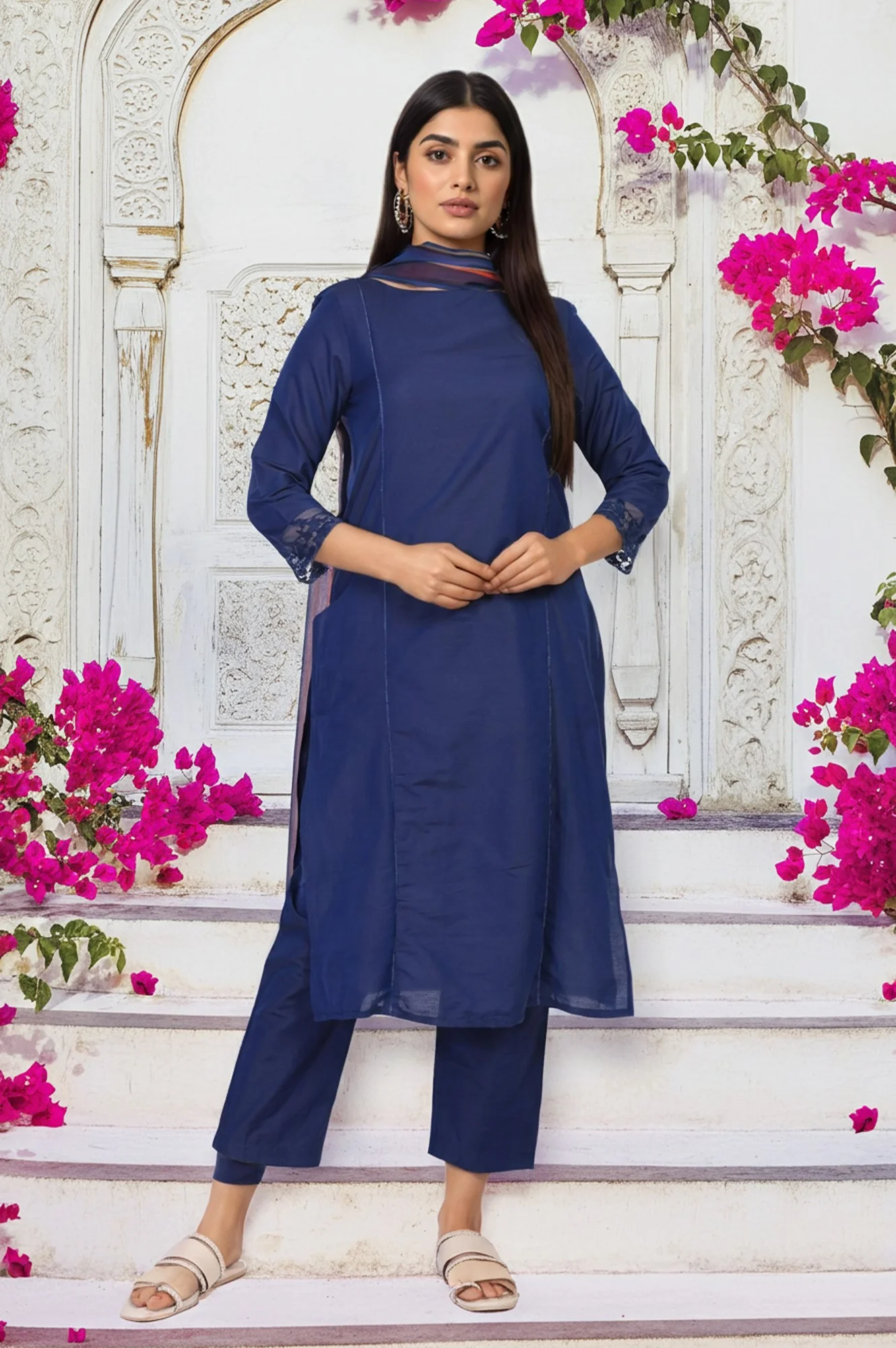 Navy Blue Solid Lace Trim Straight Kurta with Straight Pant and Dupatta Set - Image 2