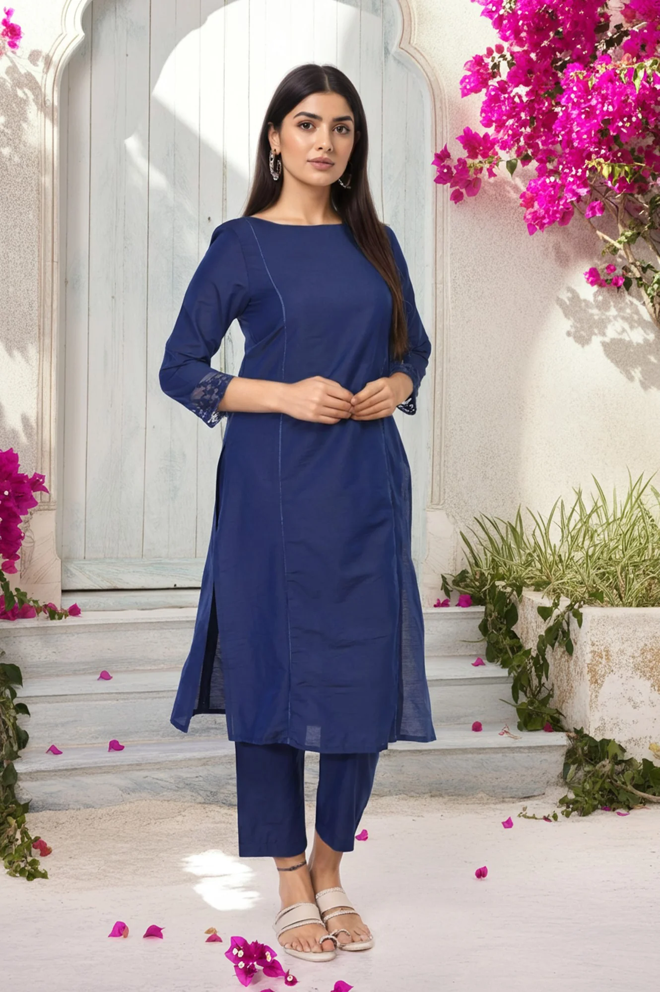 Navy Blue Solid Lace Trim Straight Kurta with Straight Pant and Dupatta Set - Image 4