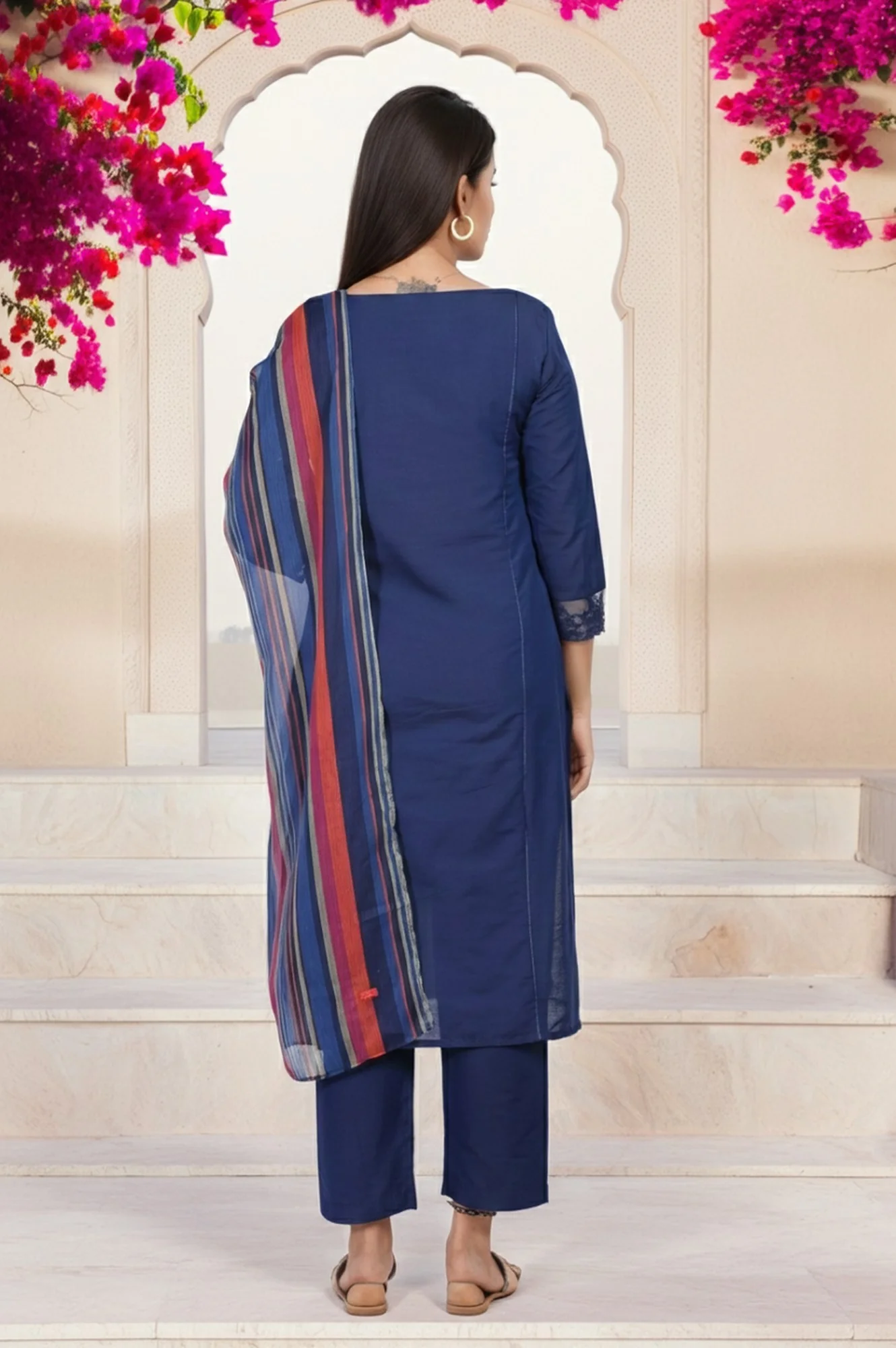 Navy Blue Solid Lace Trim Straight Kurta with Straight Pant and Dupatta Set - Image 5