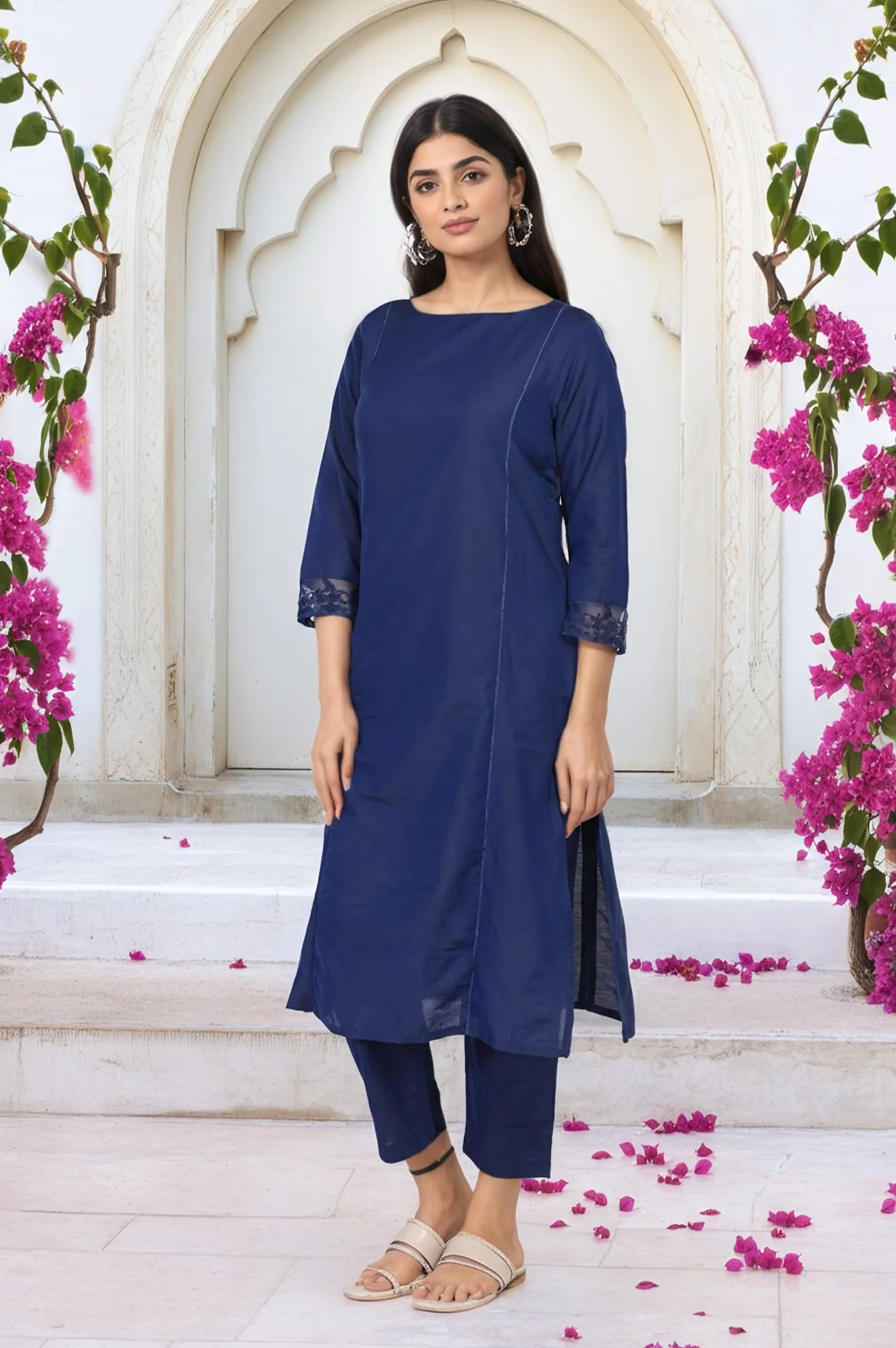 Navy Blue Solid Lace Trim Straight Kurta with Straight Pant and Dupatta Set - Image 6