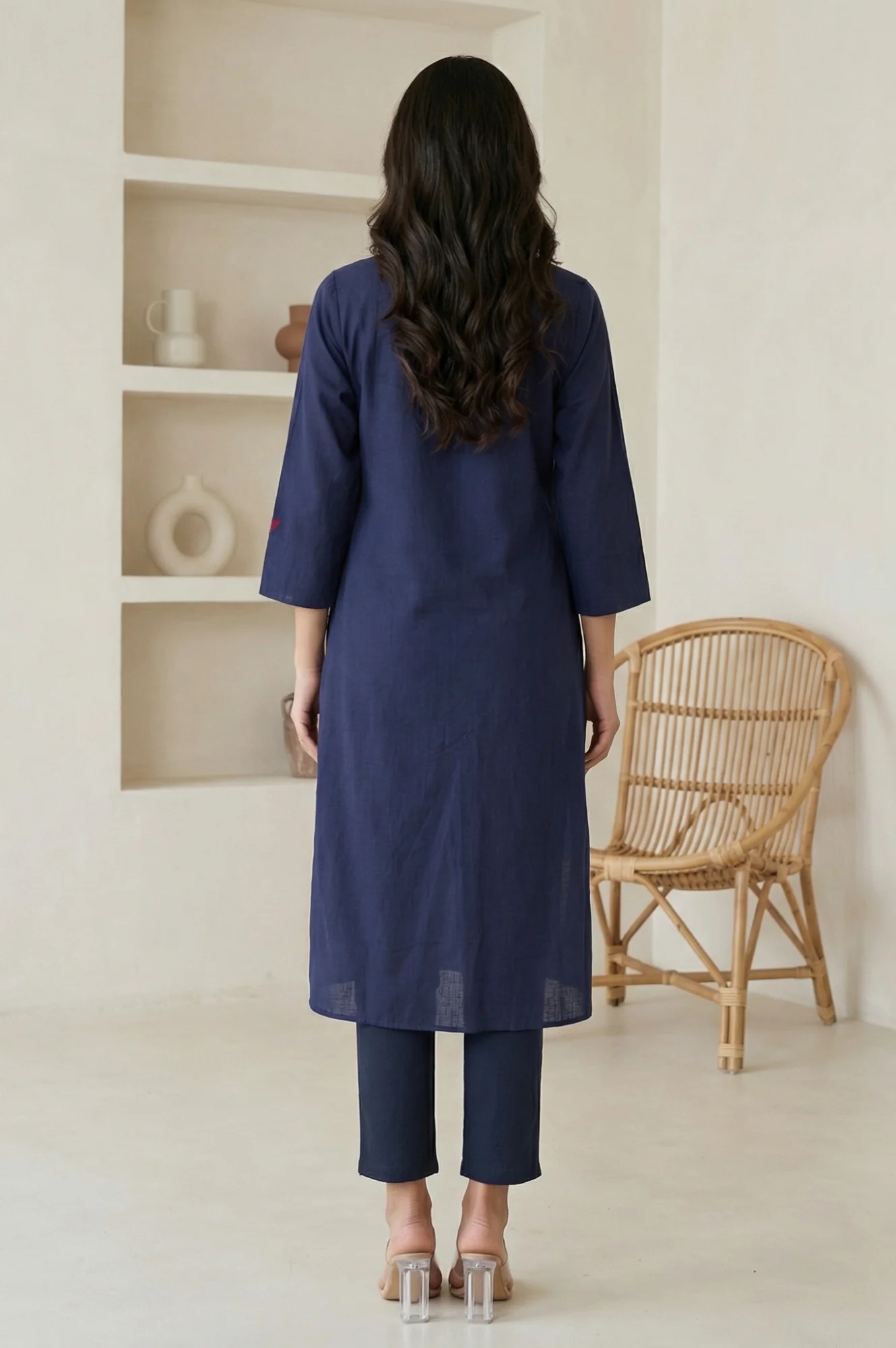 Navy Blue Solid Pure Cotton Straight Kurta - Image 5