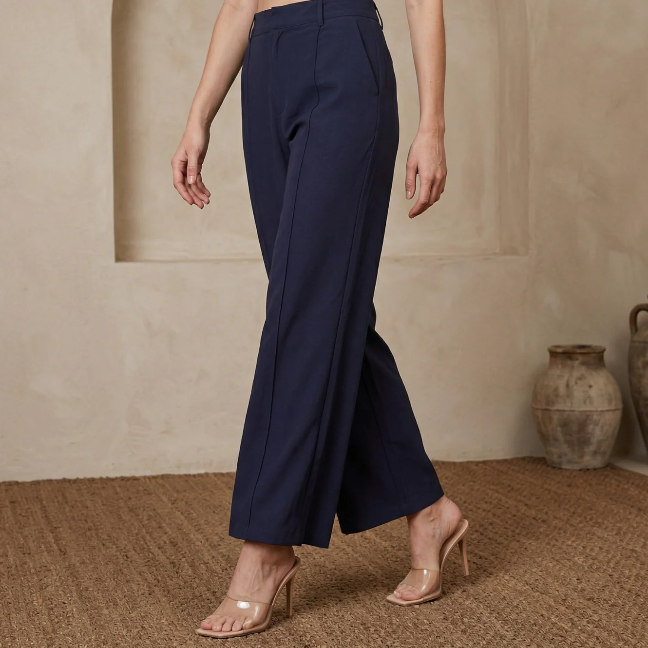 Elleven Women's Navy Blue Solid Rayon Wide-Leg Boss Pants