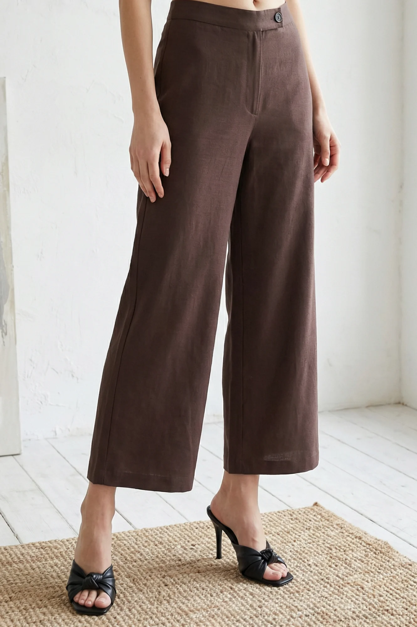 Navy Blue Solid Wide Leg Ankle Length High Rise Pants