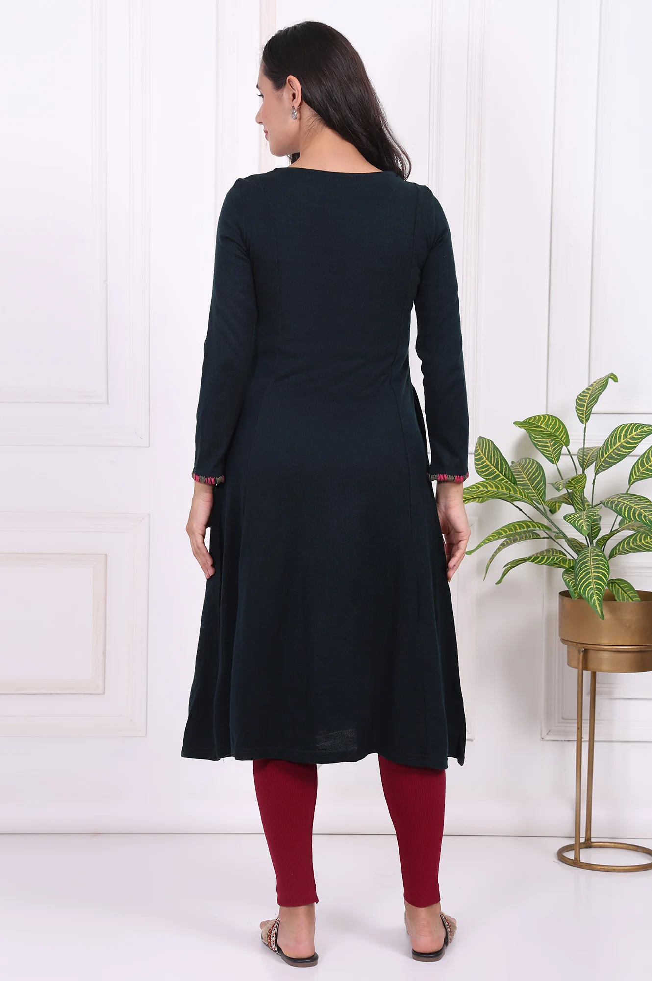 Navy Blue Thread Embroidered Acrylic Flared A-line Kurta - Image 5