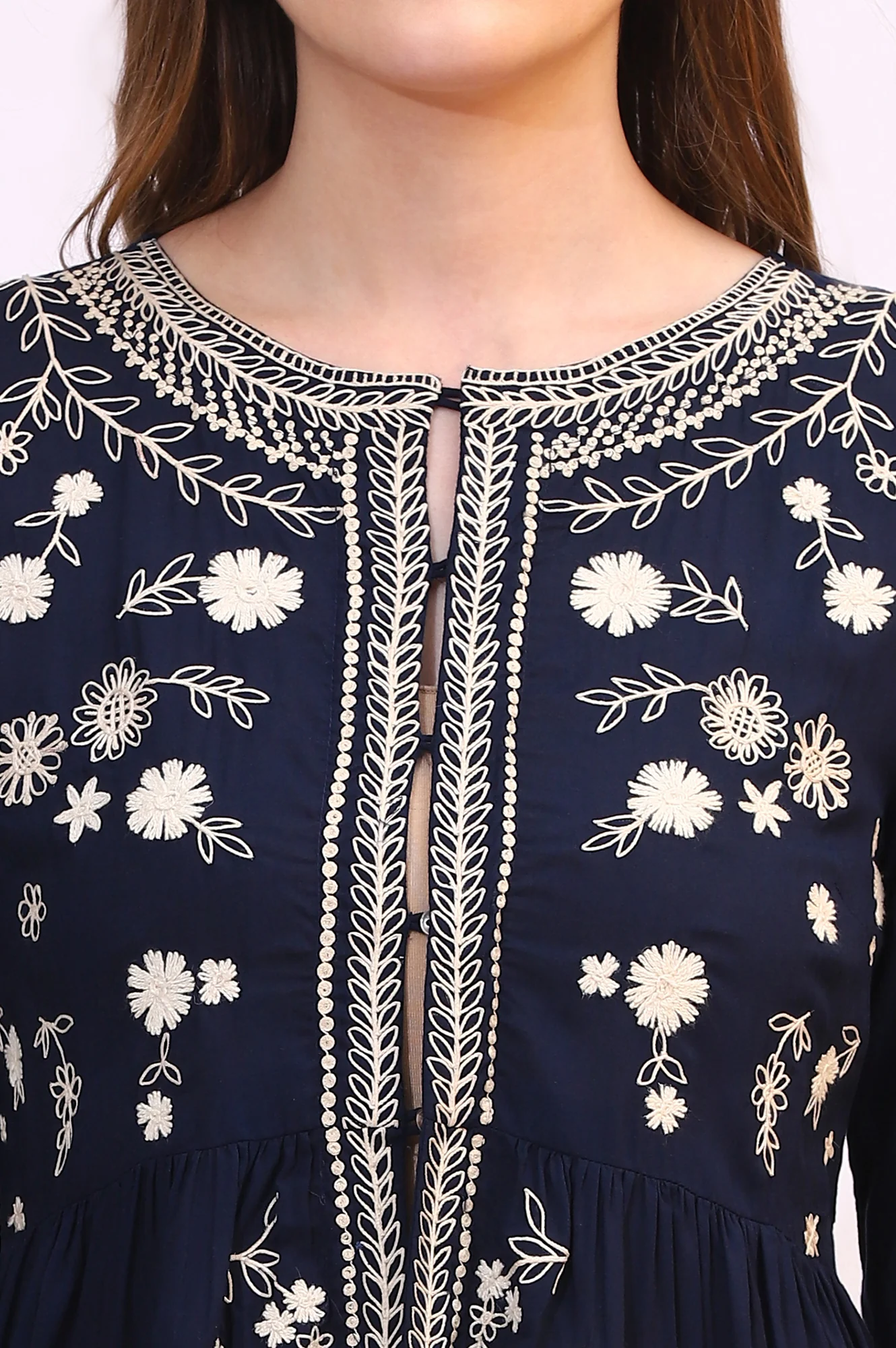 Navy Blue Thread Embroidered Modal Cotton Top with Front Buttons - Image 3