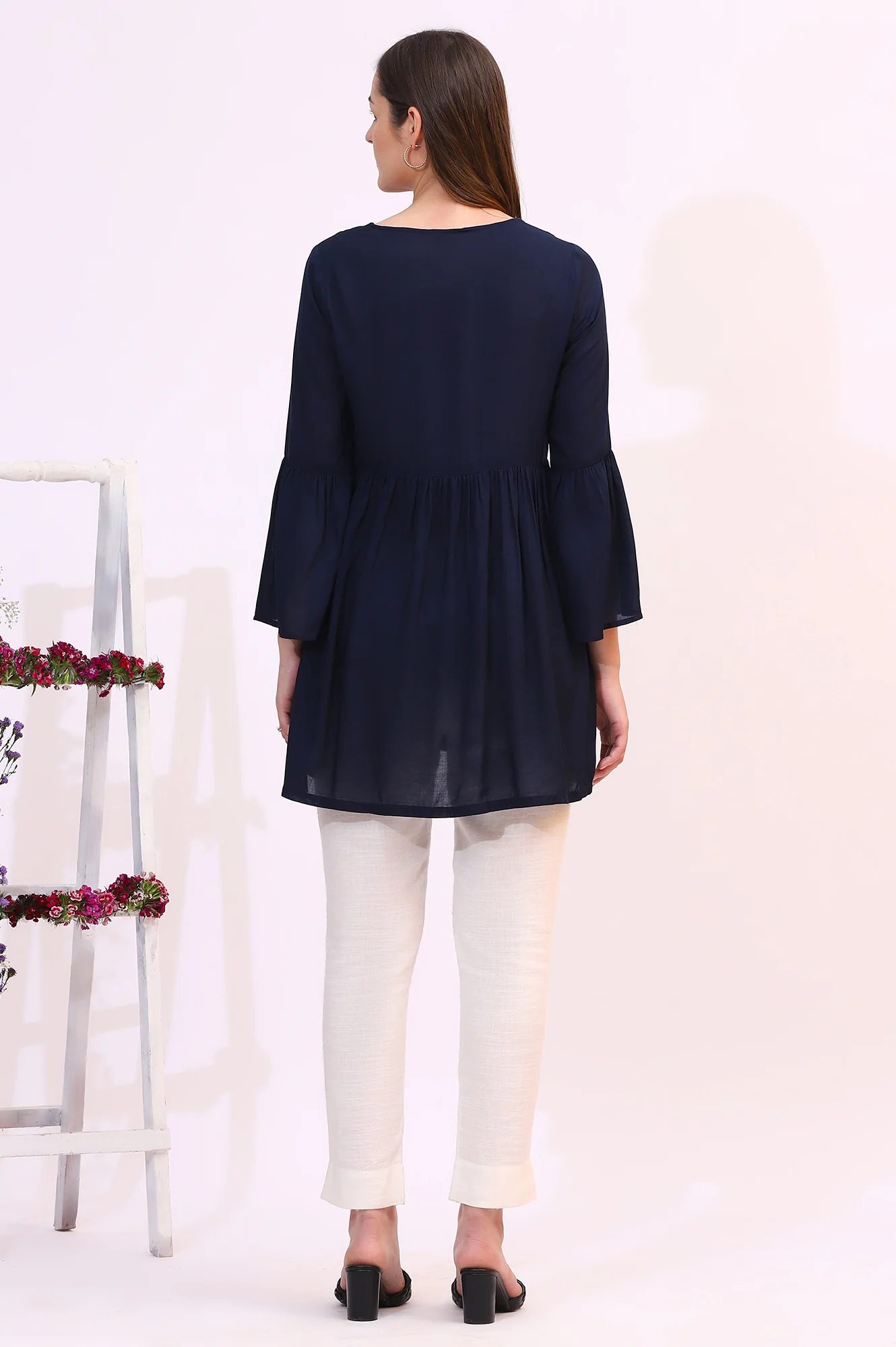 Navy Blue Thread Embroidered Modal Cotton Top with Front Buttons - Image 5