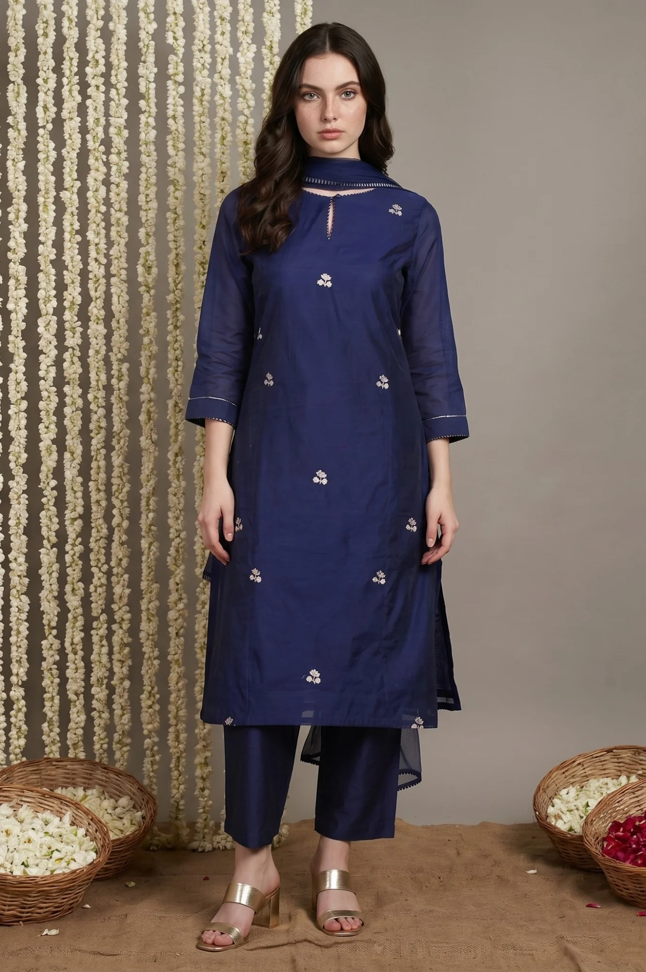 Navy Blue Zari Chanderi Straight Kurta with Straight Pant and Dupatta Set