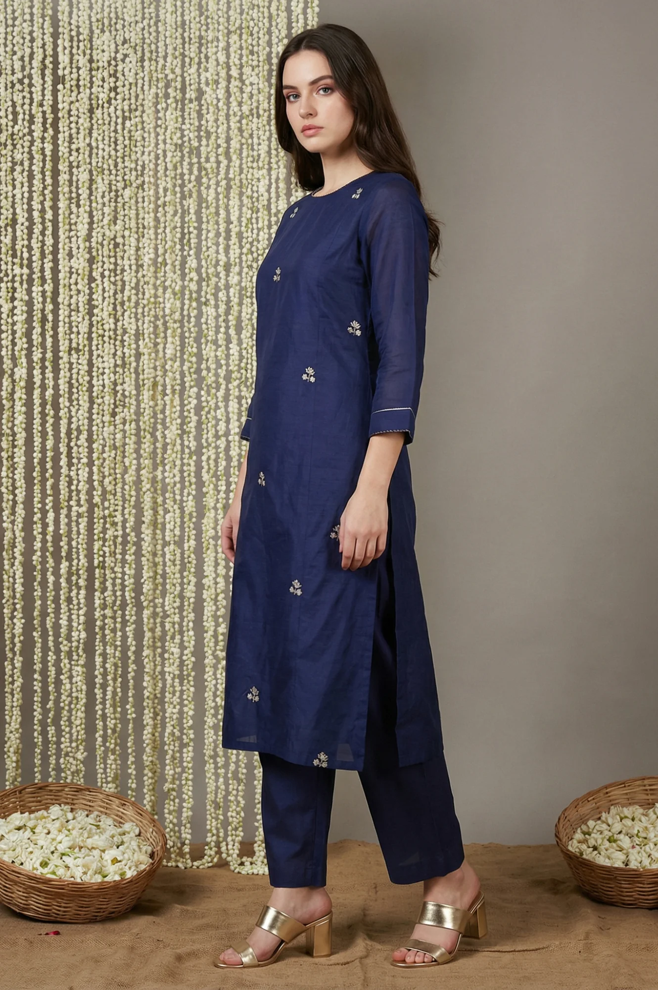 Navy Blue Zari Chanderi Straight Kurta with Straight Pant and Dupatta Set - Image 3