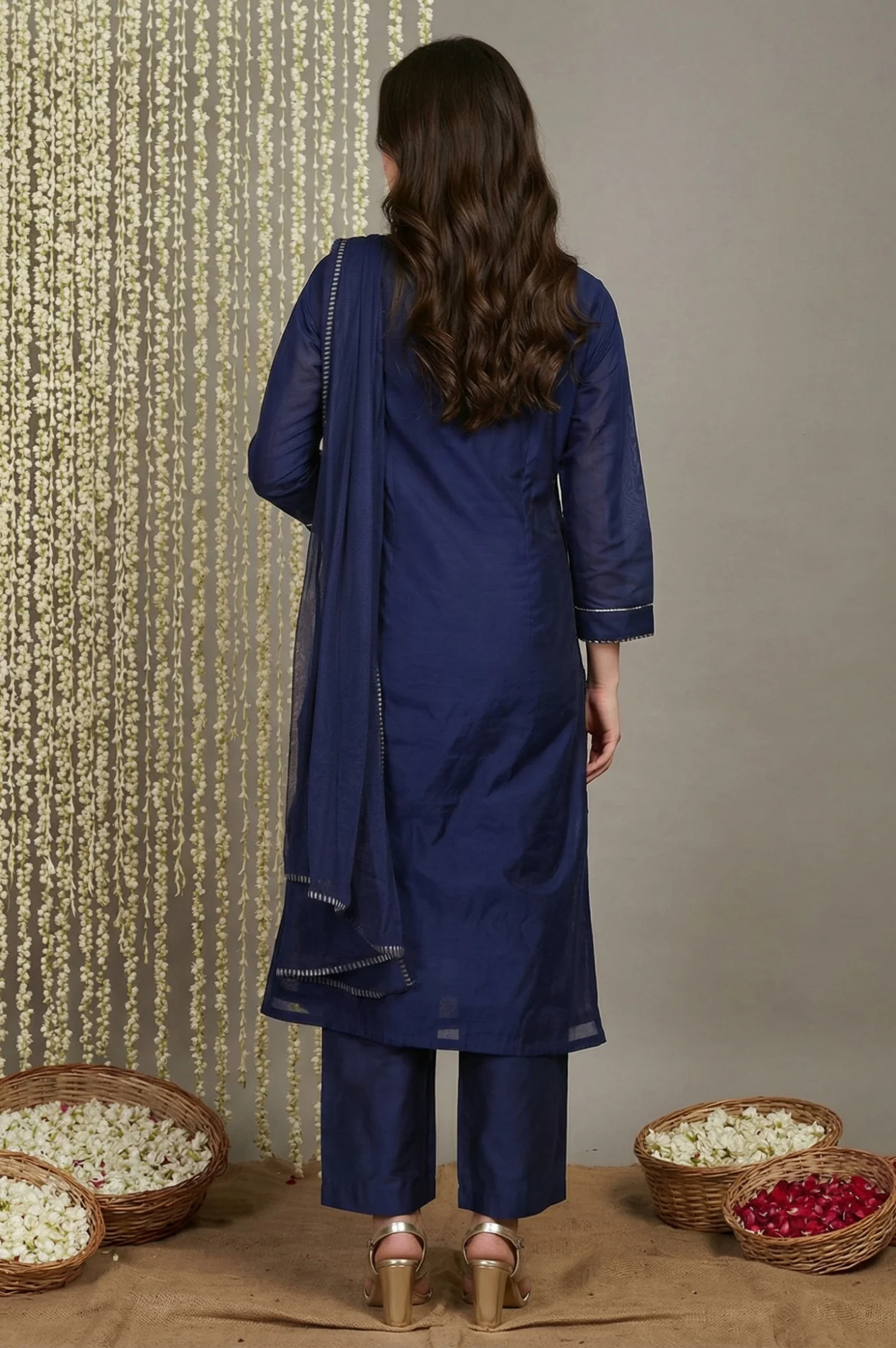 Navy Blue Zari Chanderi Straight Kurta with Straight Pant and Dupatta Set - Image 4