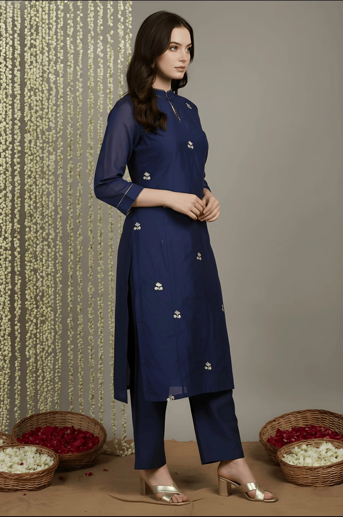 Navy Blue Zari Chanderi Straight Kurta with Straight Pant and Dupatta Set - Image 5