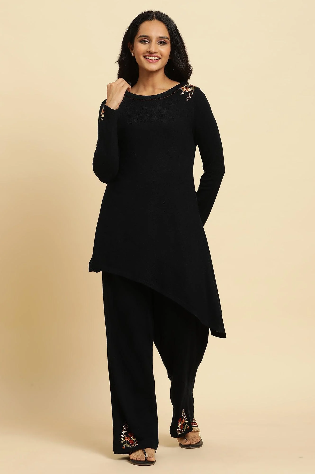 Navy Embroidered Asymmetrical Winter Kurta And Parallel Pants Set - Image 2