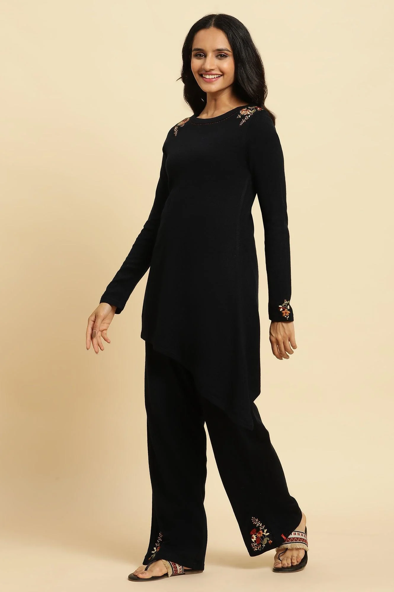 Navy Embroidered Asymmetrical Winter Kurta And Parallel Pants Set - Image 3