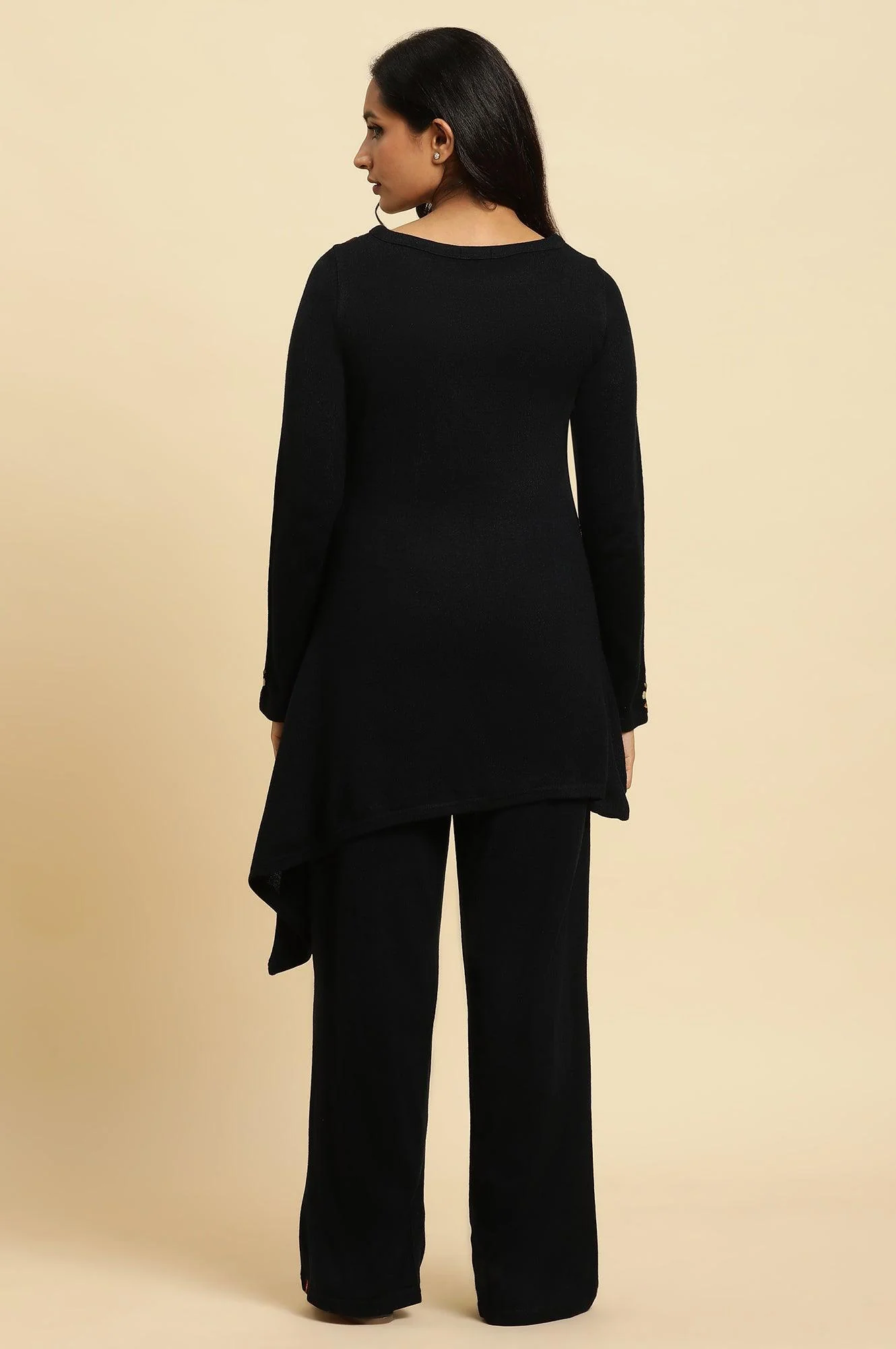 Navy Embroidered Asymmetrical Winter Kurta And Parallel Pants Set - Image 4