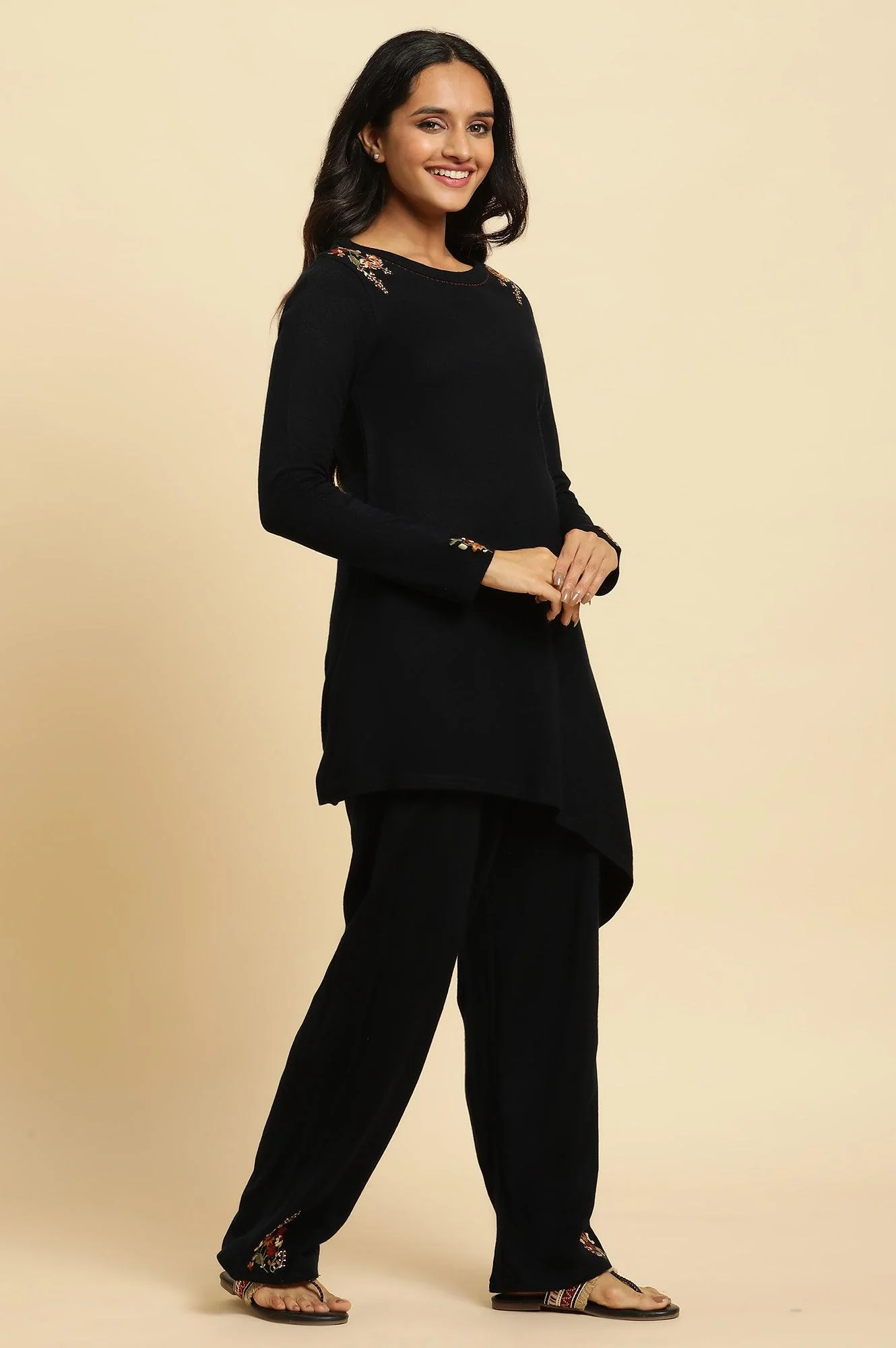 Navy Embroidered Asymmetrical Winter Kurta And Parallel Pants Set - Image 5