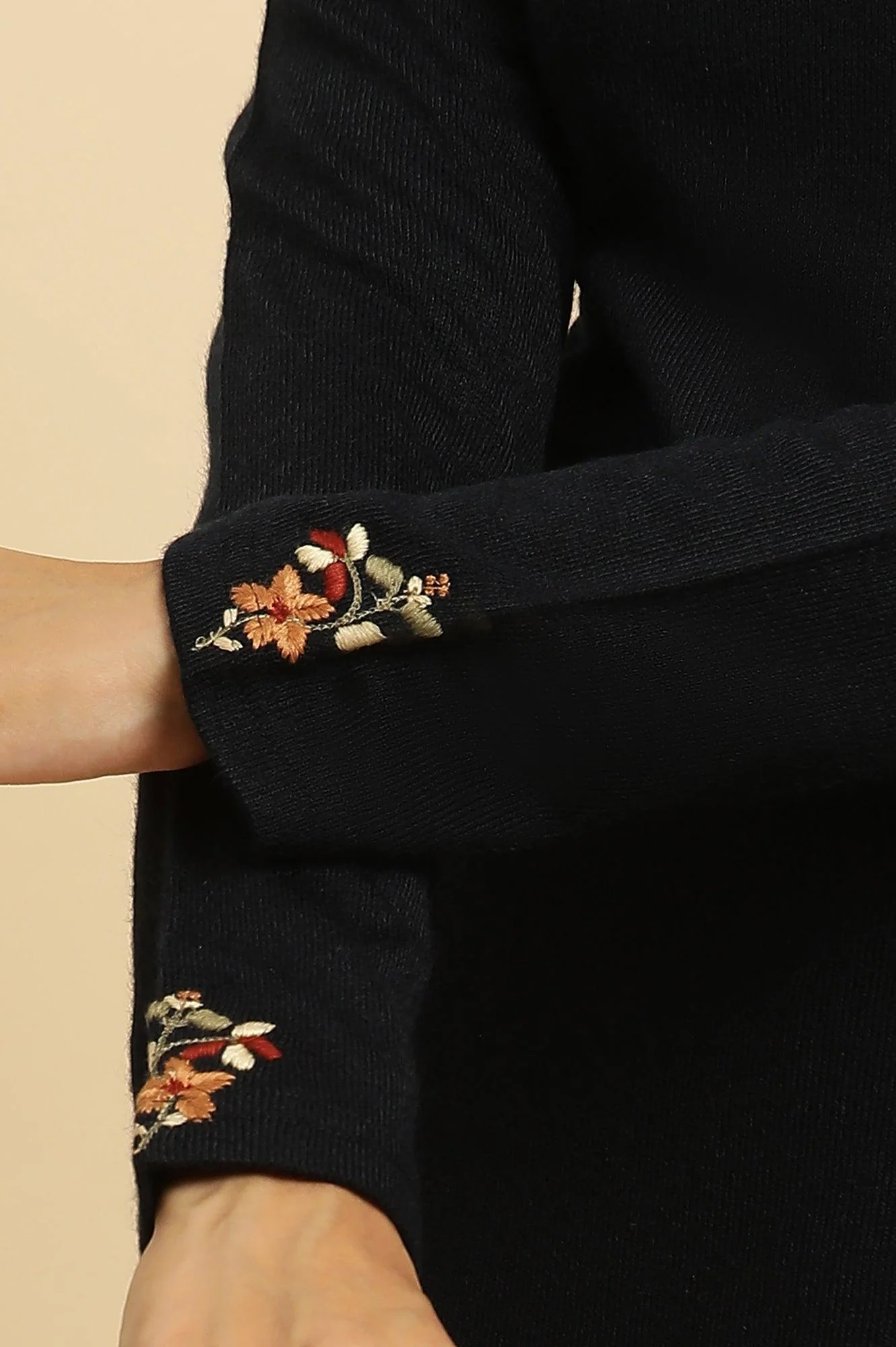 Navy Embroidered Asymmetrical Winter Kurta And Parallel Pants Set - Image 7