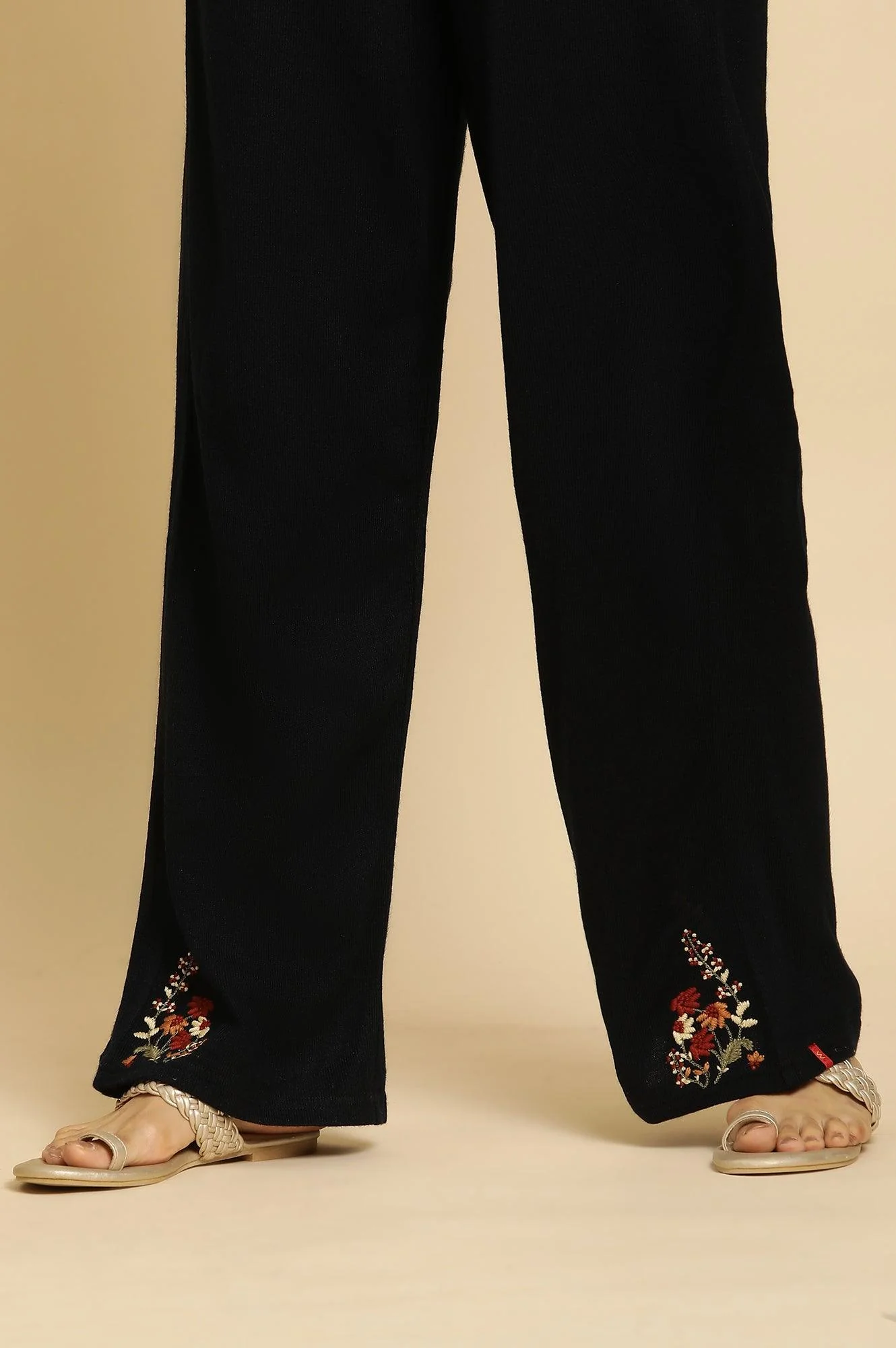 Navy Embroidered Asymmetrical Winter Kurta And Parallel Pants Set - Image 9