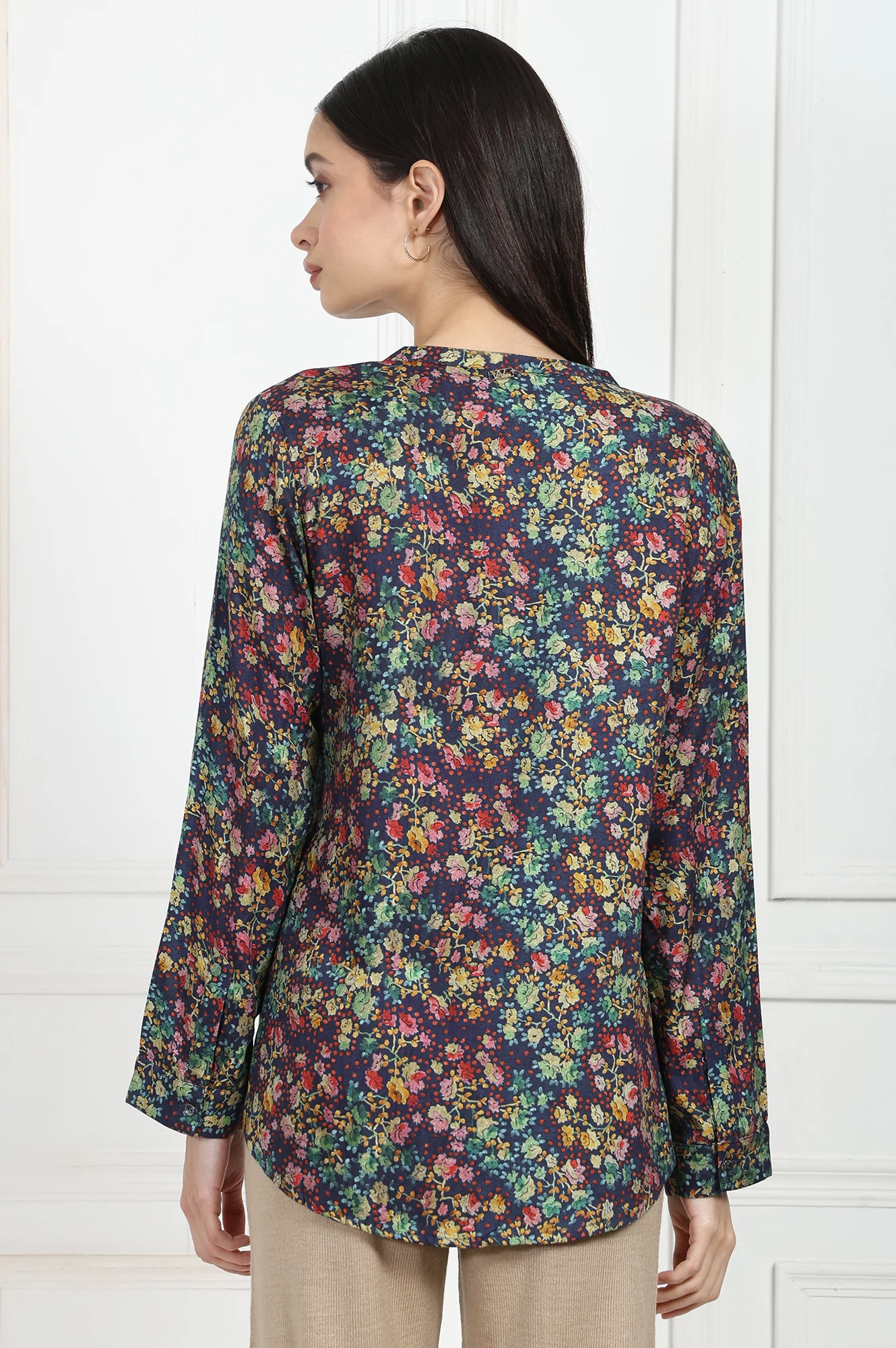 Navy Floral Printed Relaxed Fit Viscose Shirt - Image 5