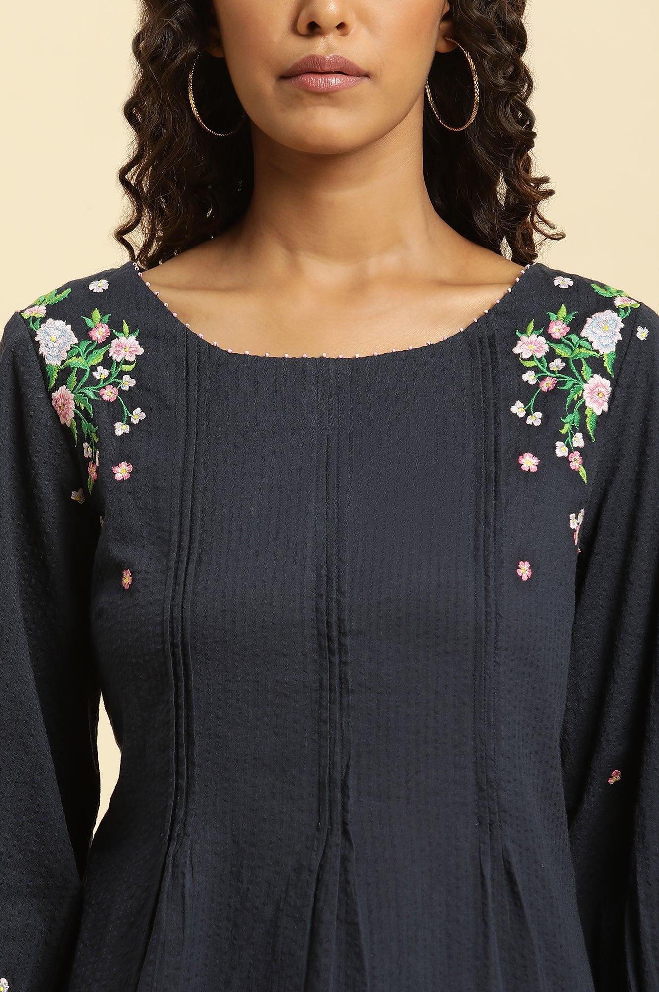 Navy Front Pleated Embroidered Pure Cotton Straight Top - Image 7