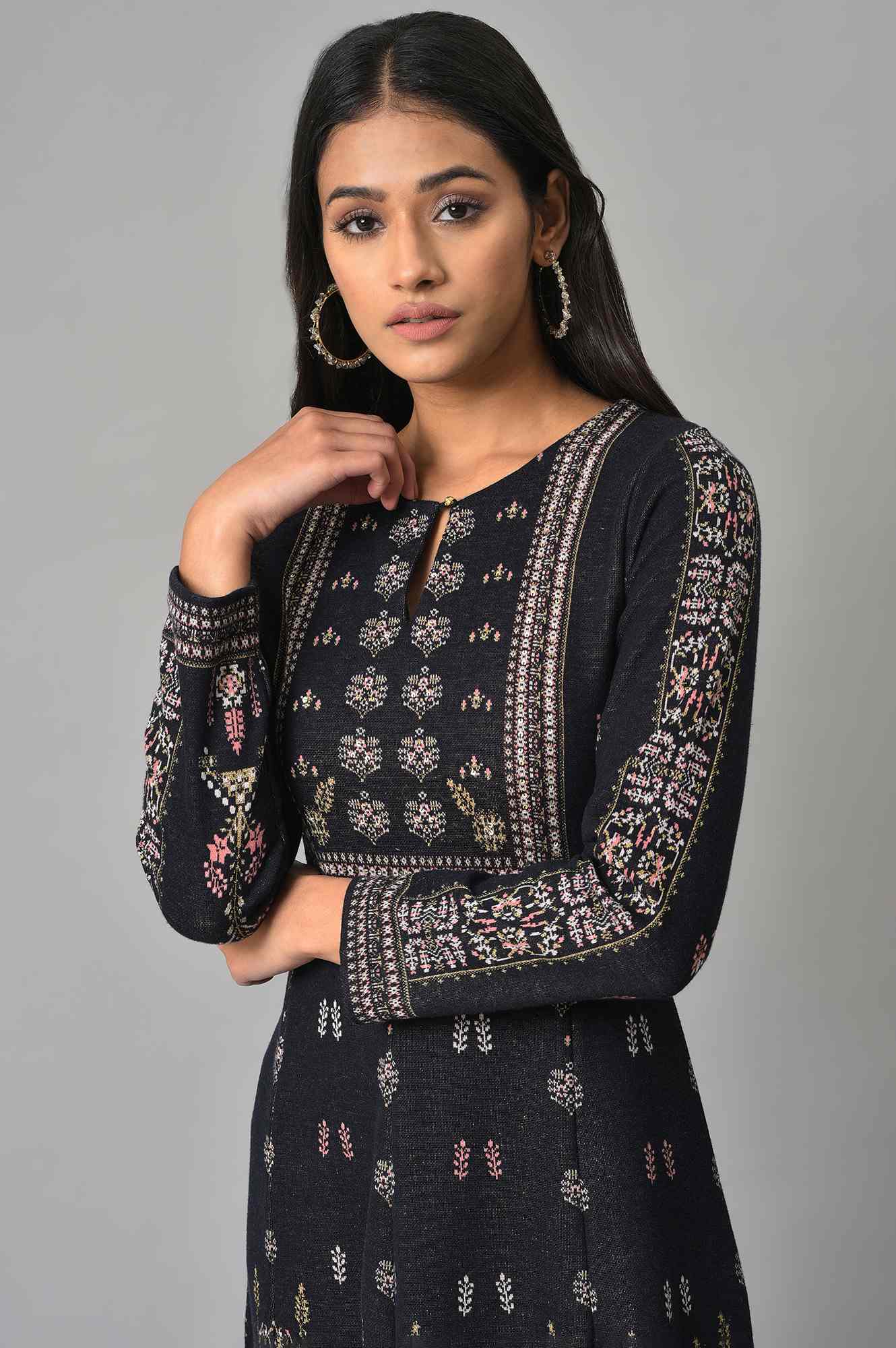 Navy Jacquard Flared Plus Size Winter kurta - Image 5