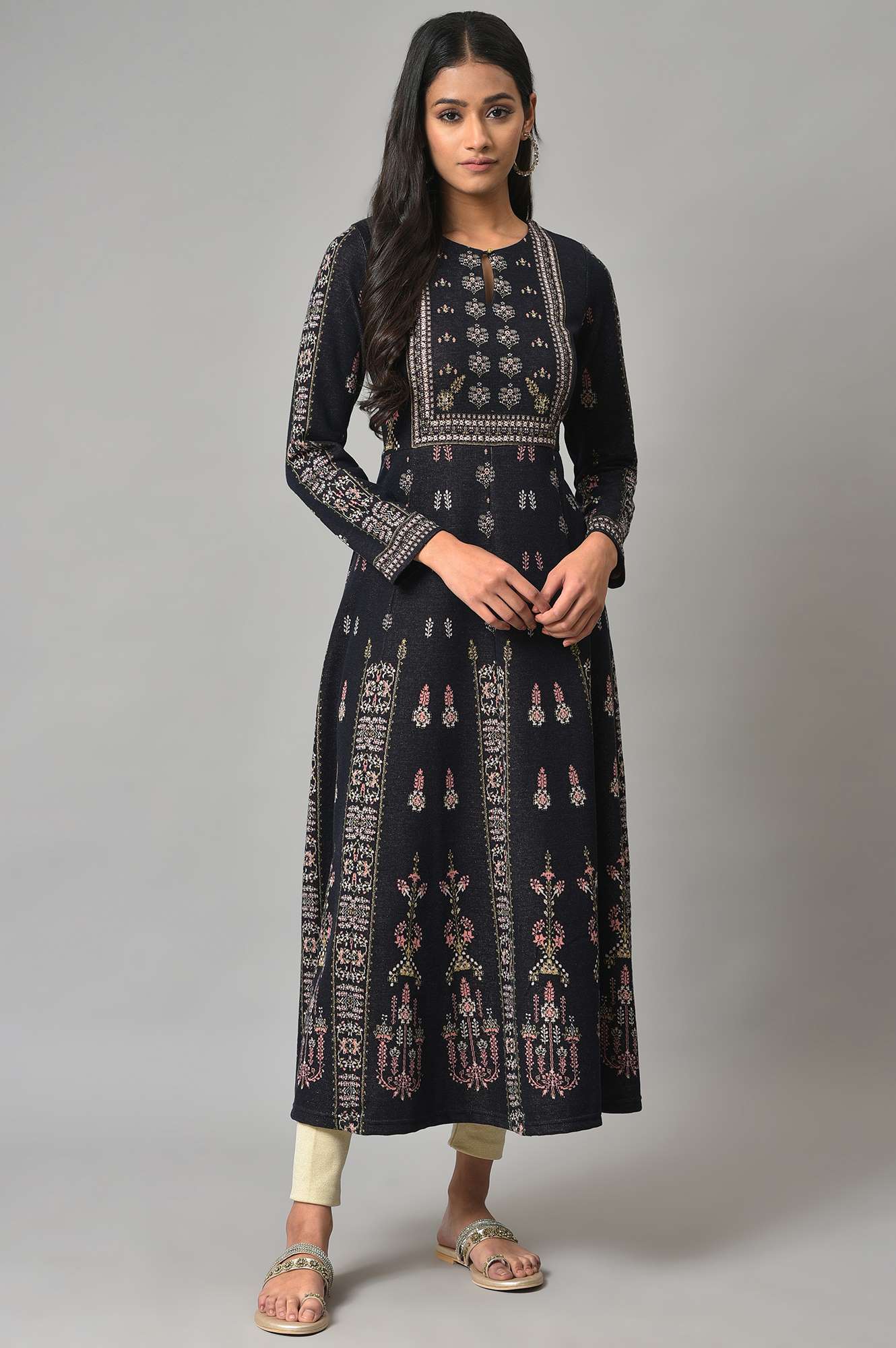 Navy Jacquard Flared Plus Size Winter kurta - Image 6