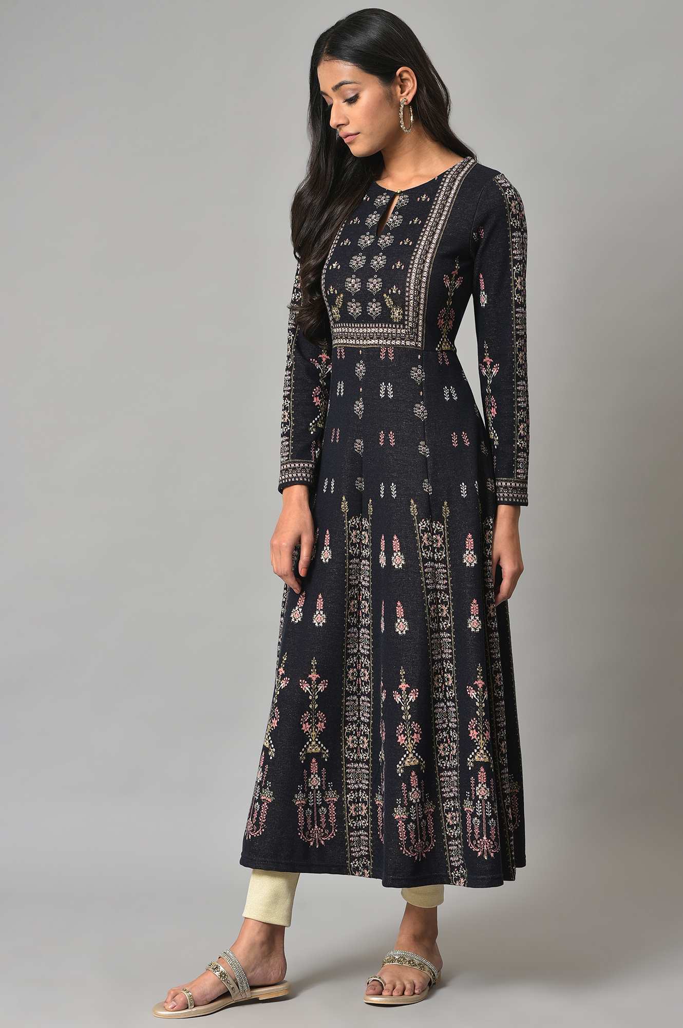 Navy Jacquard Flared Winter kurta - Image 3