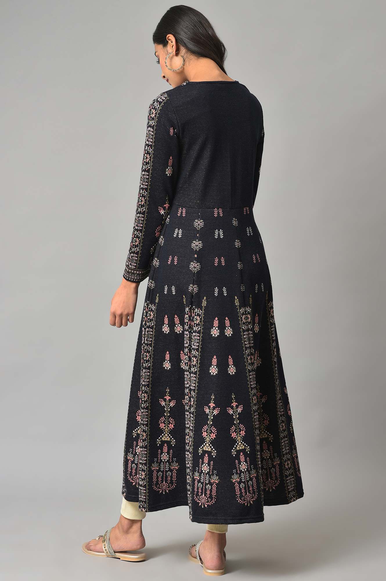 Navy Jacquard Flared Winter kurta - Image 4
