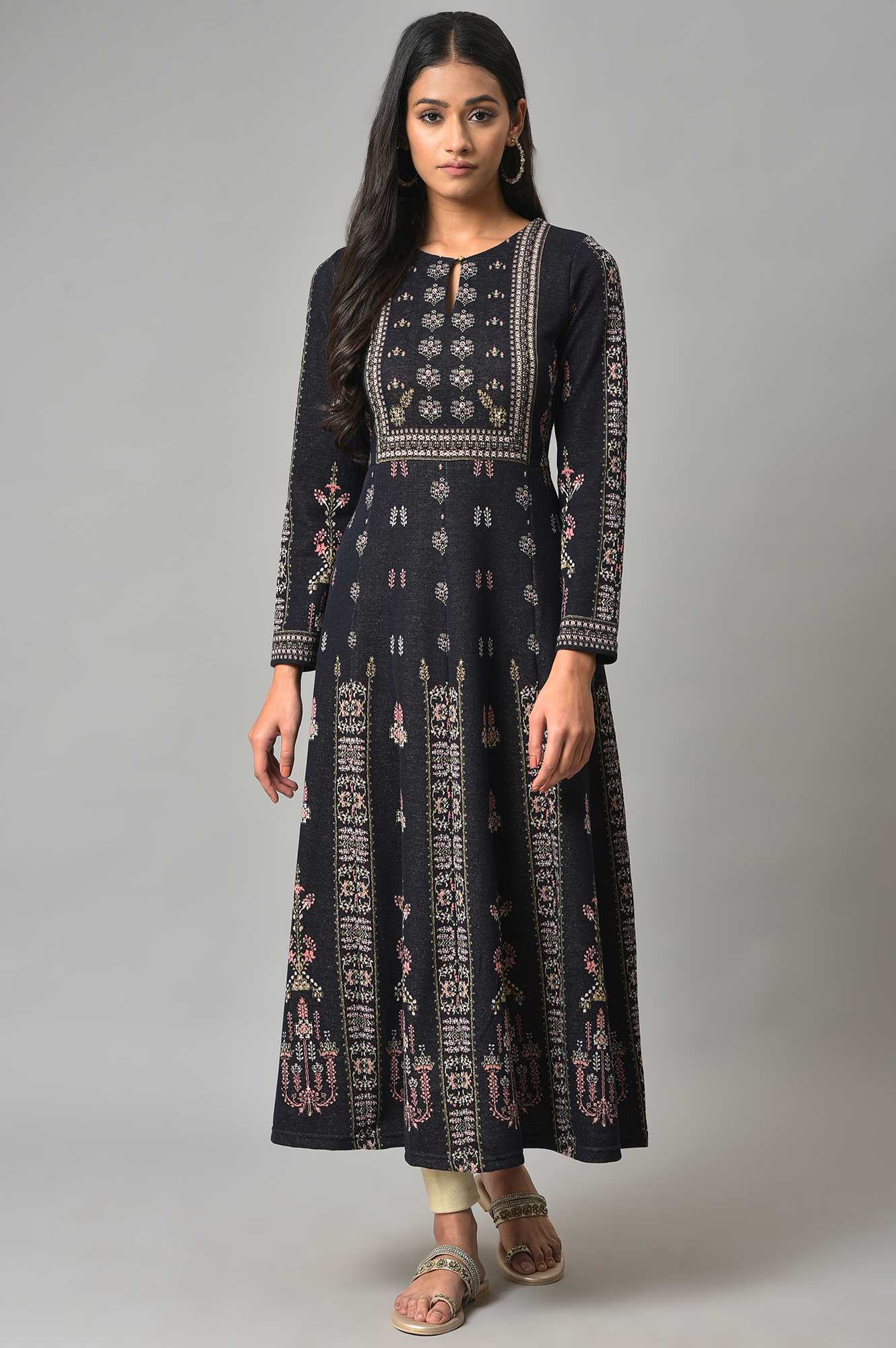 Navy Jacquard Flared Winter kurta - Image 5