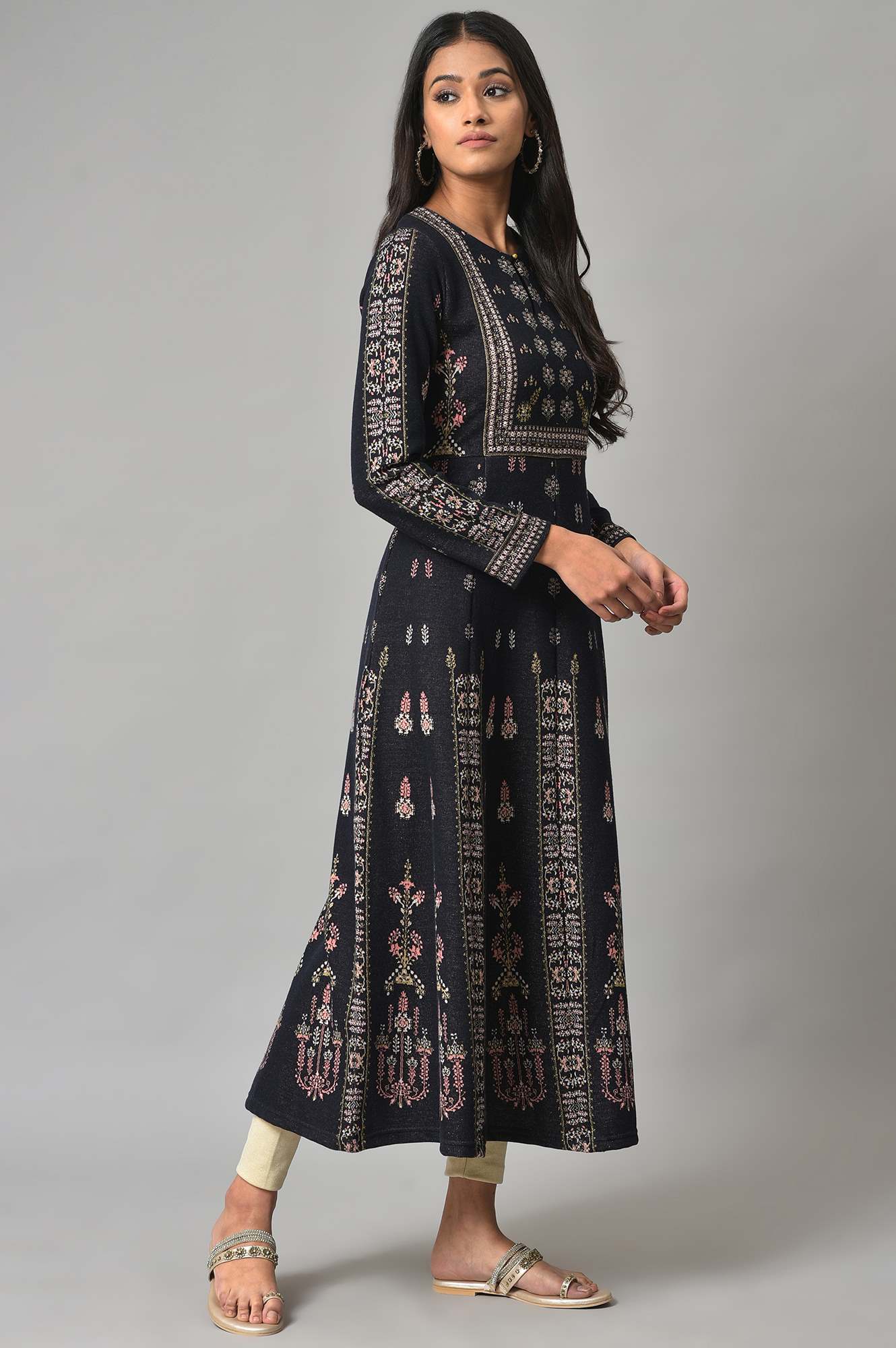 Navy Jacquard Flared Winter kurta - Image 6