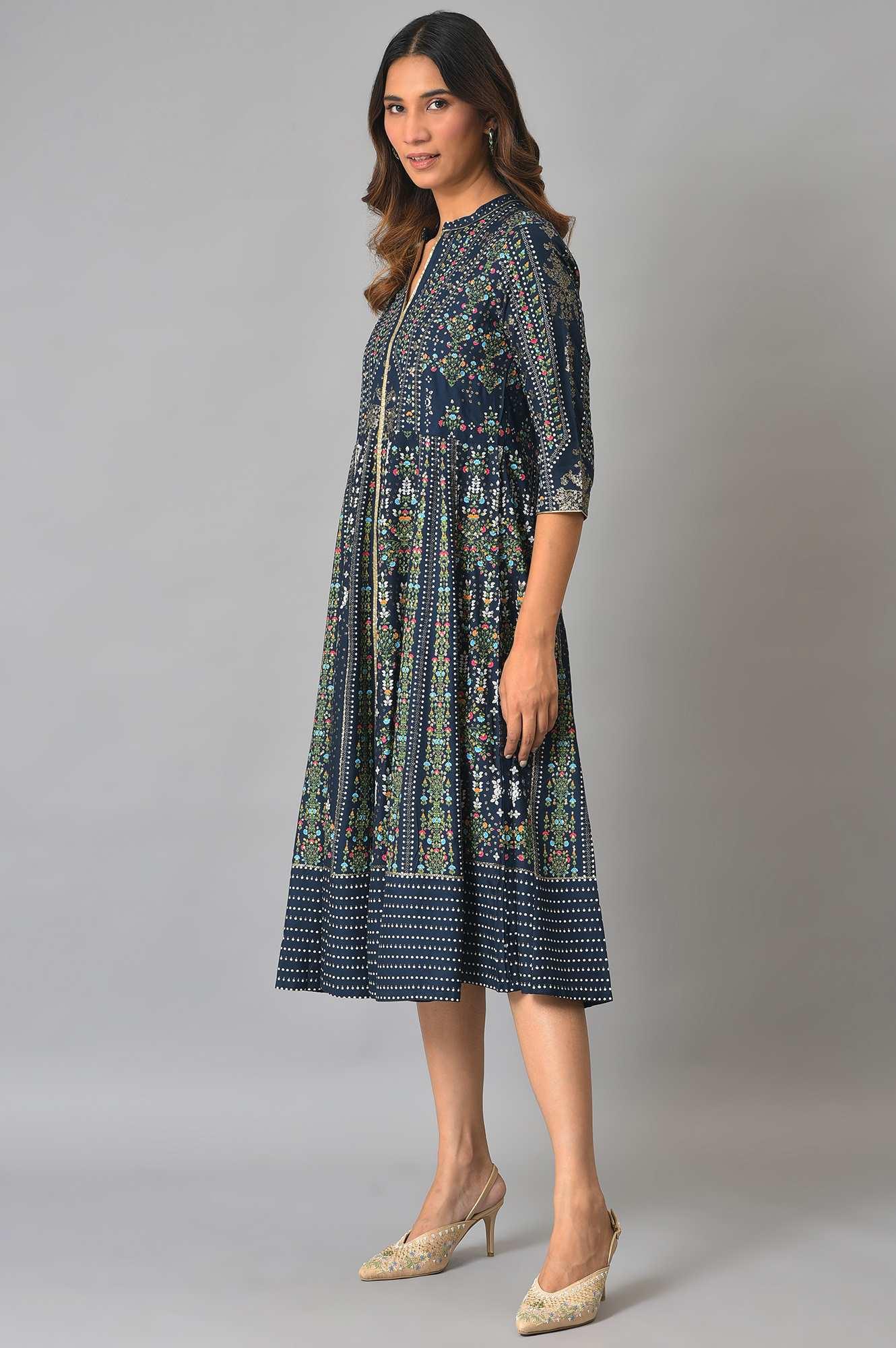 Navy Kalidar Printed Dress - Image 3