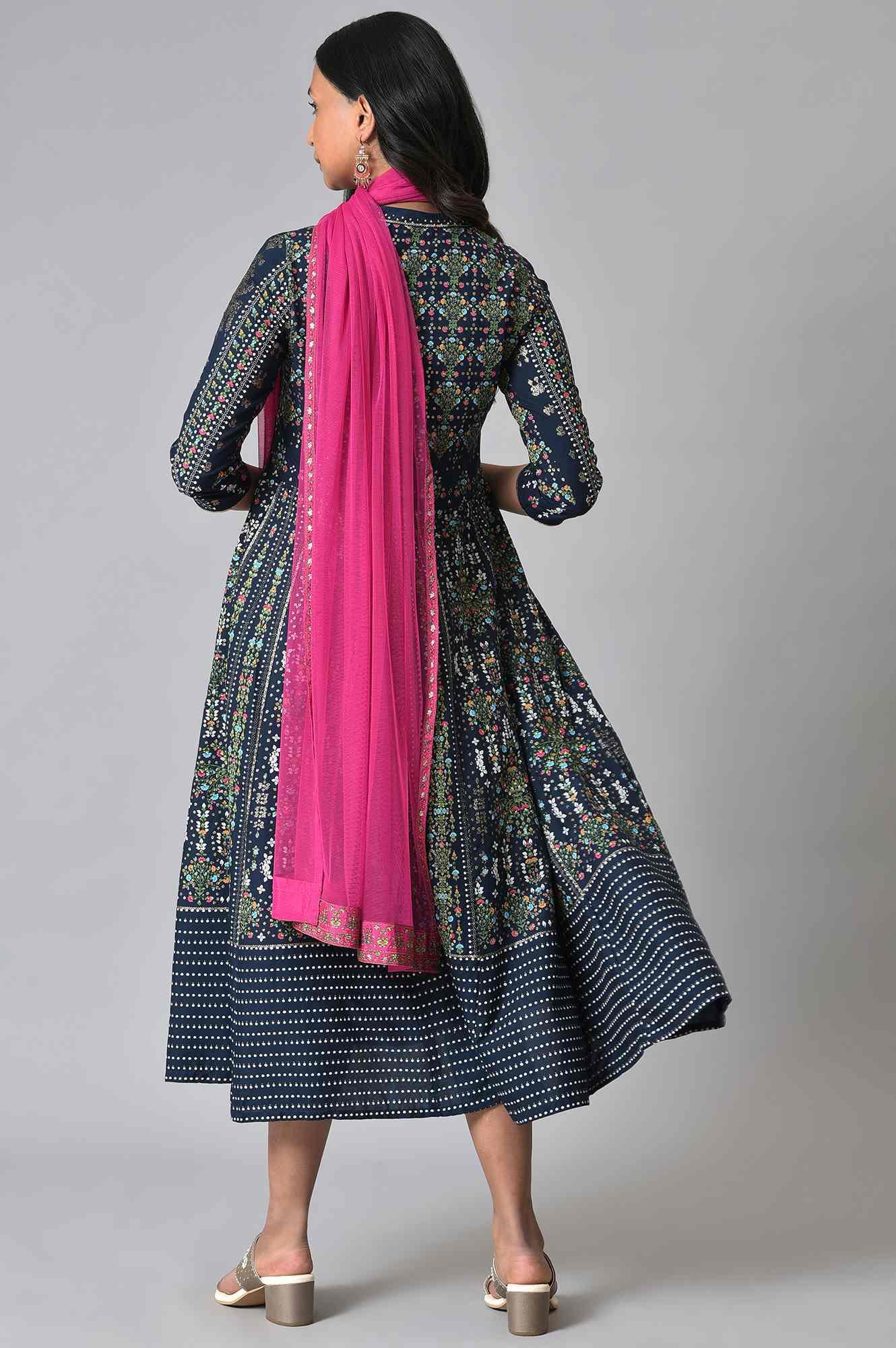 Navy Printed Kalidar Dress With Pink Chiffon Dupatta - Image 2