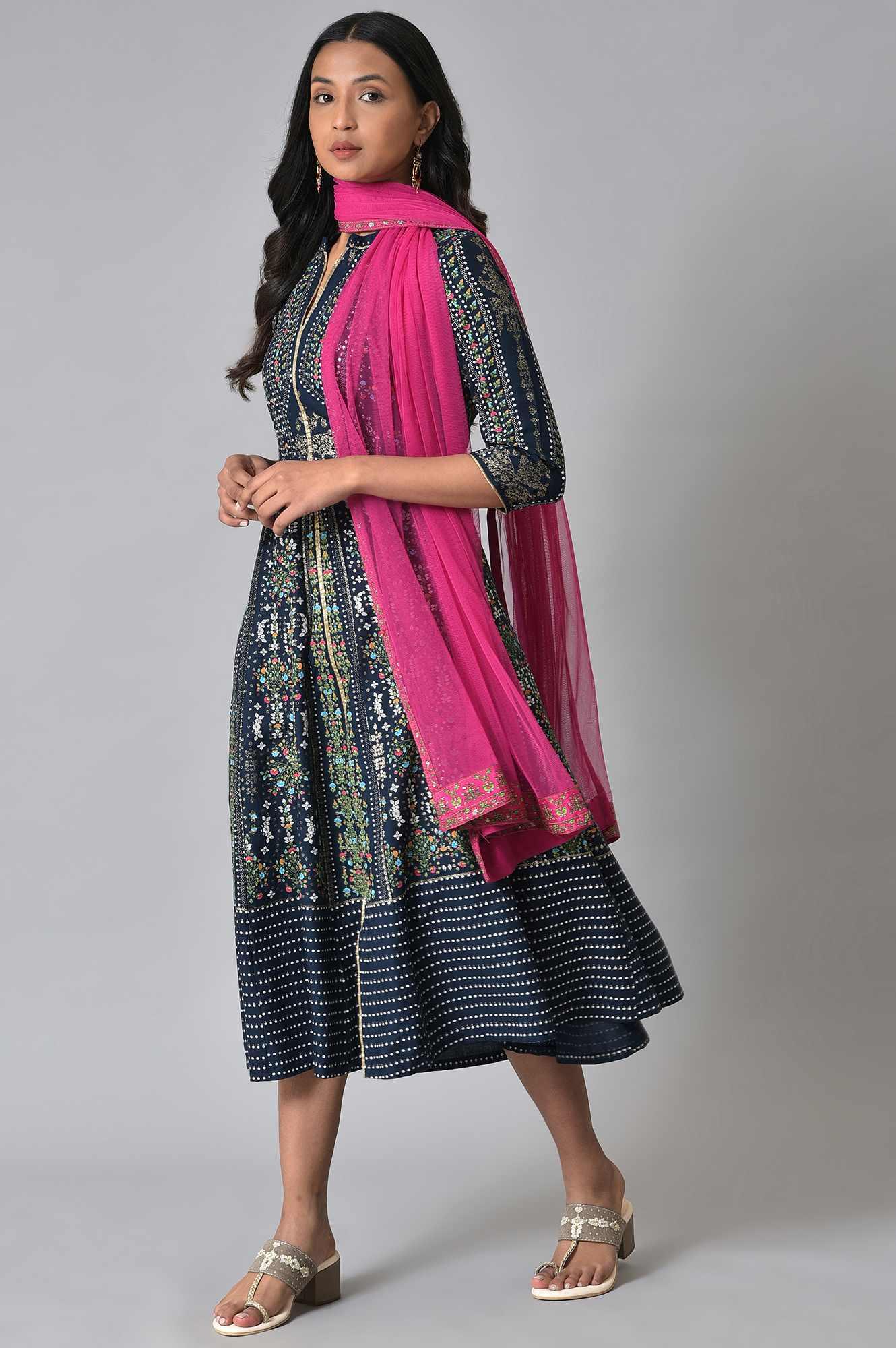 Navy Printed Kalidar Dress With Pink Chiffon Dupatta - Image 3