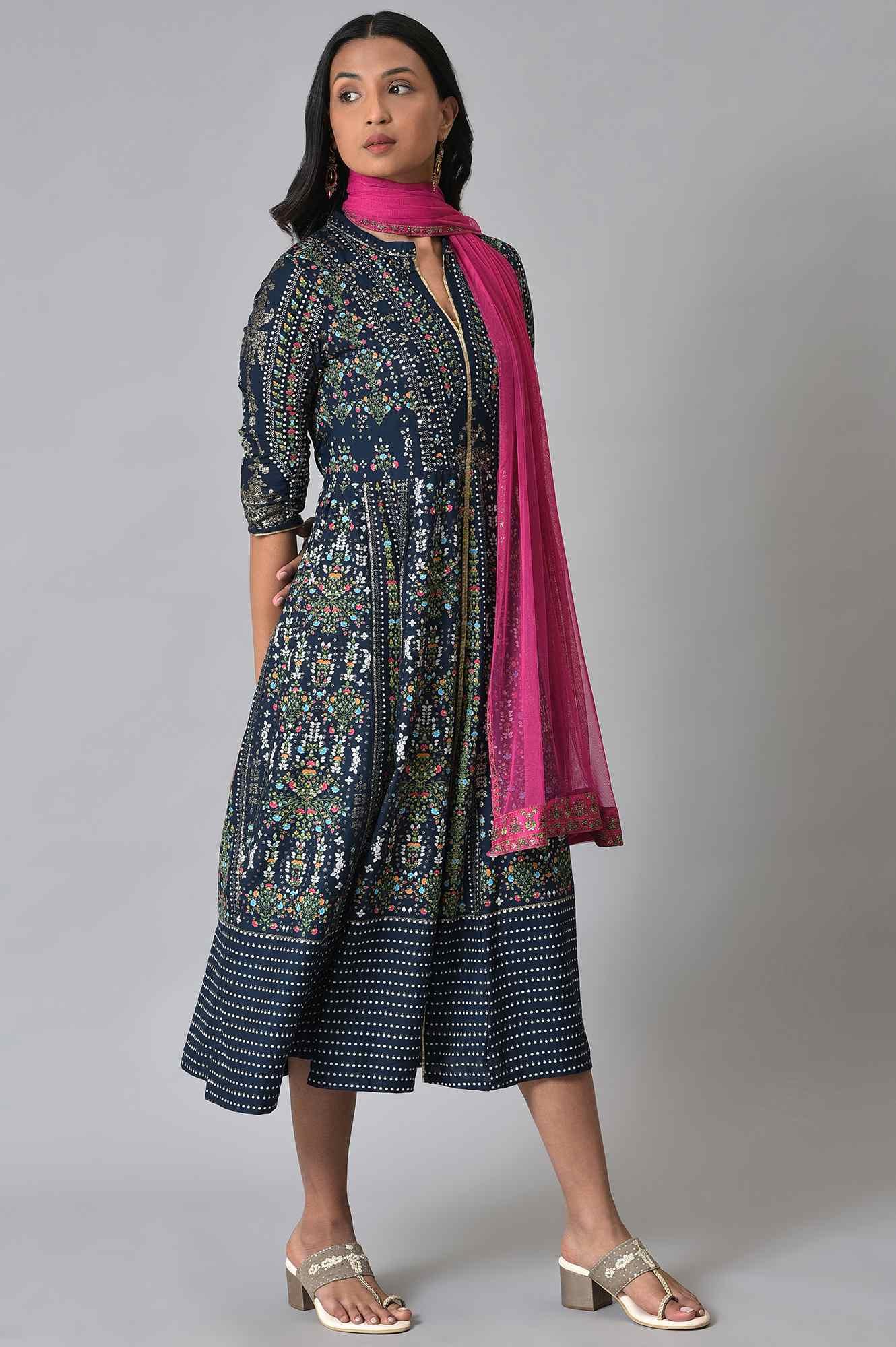 Navy Printed Kalidar Dress With Pink Chiffon Dupatta - Image 4