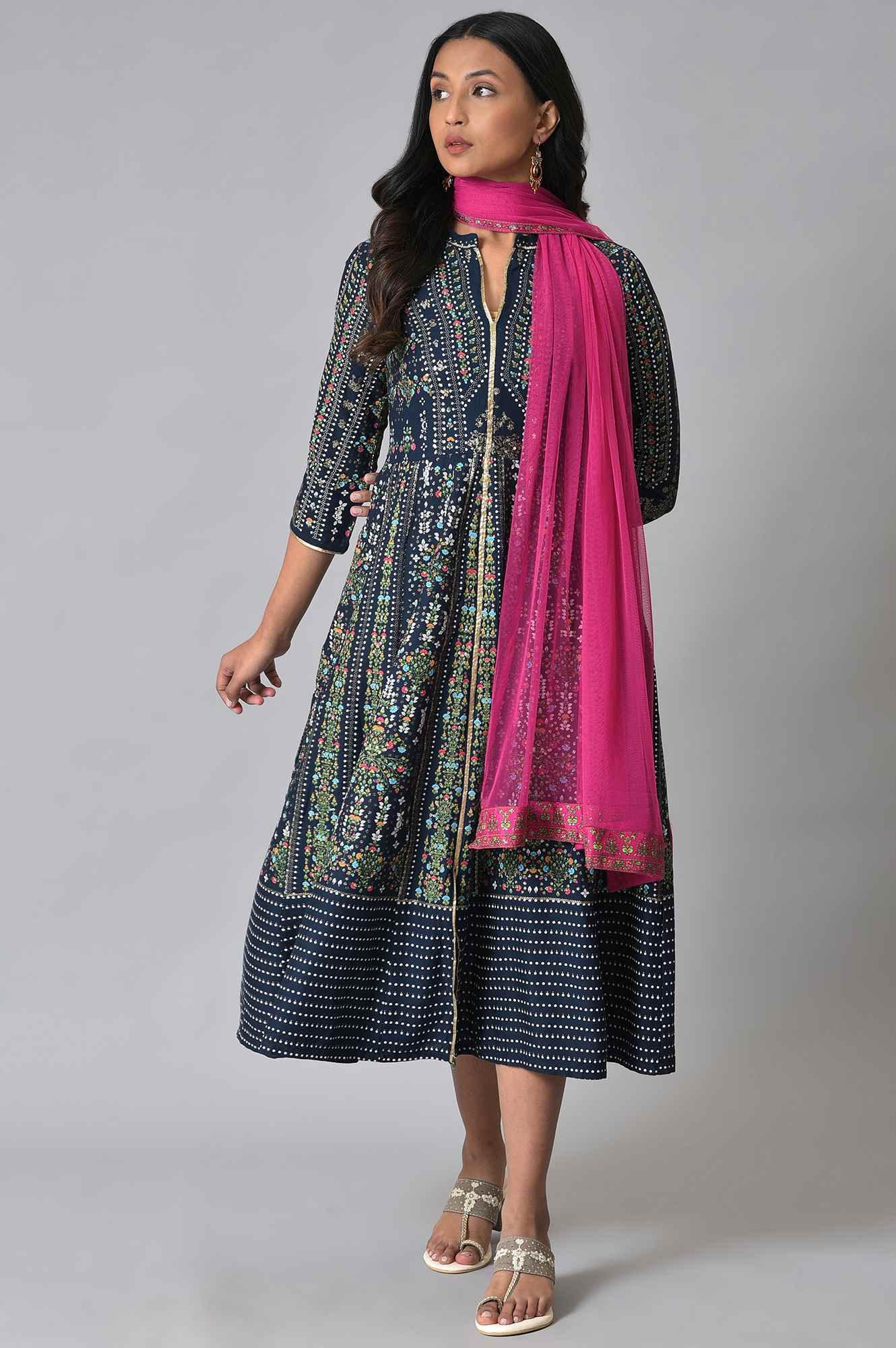 Navy Printed Kalidar Dress With Pink Chiffon Dupatta - Image 7