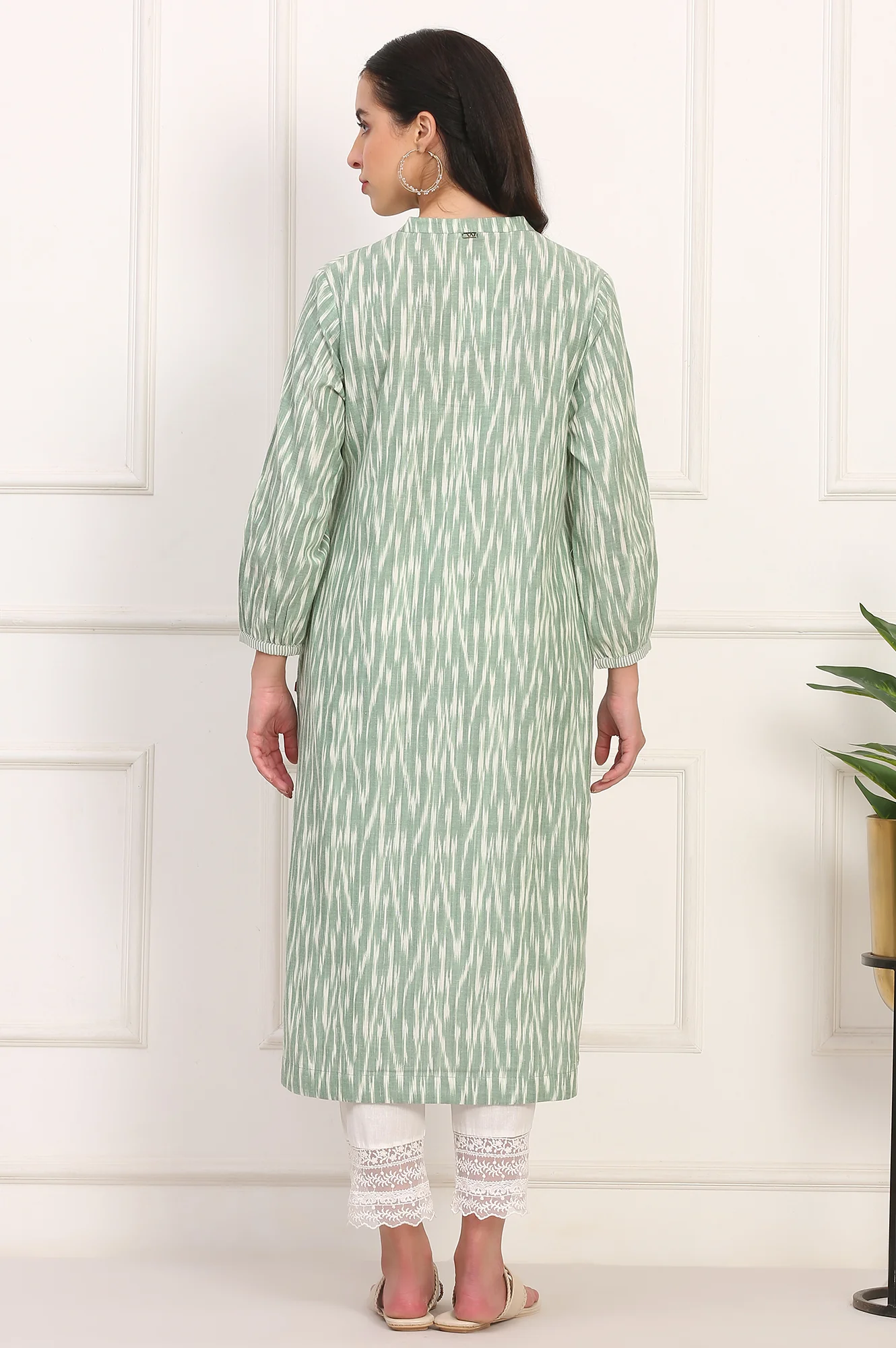 New Sage Green Ikat Printed A-Line Pure Cotton Kurta - Image 5