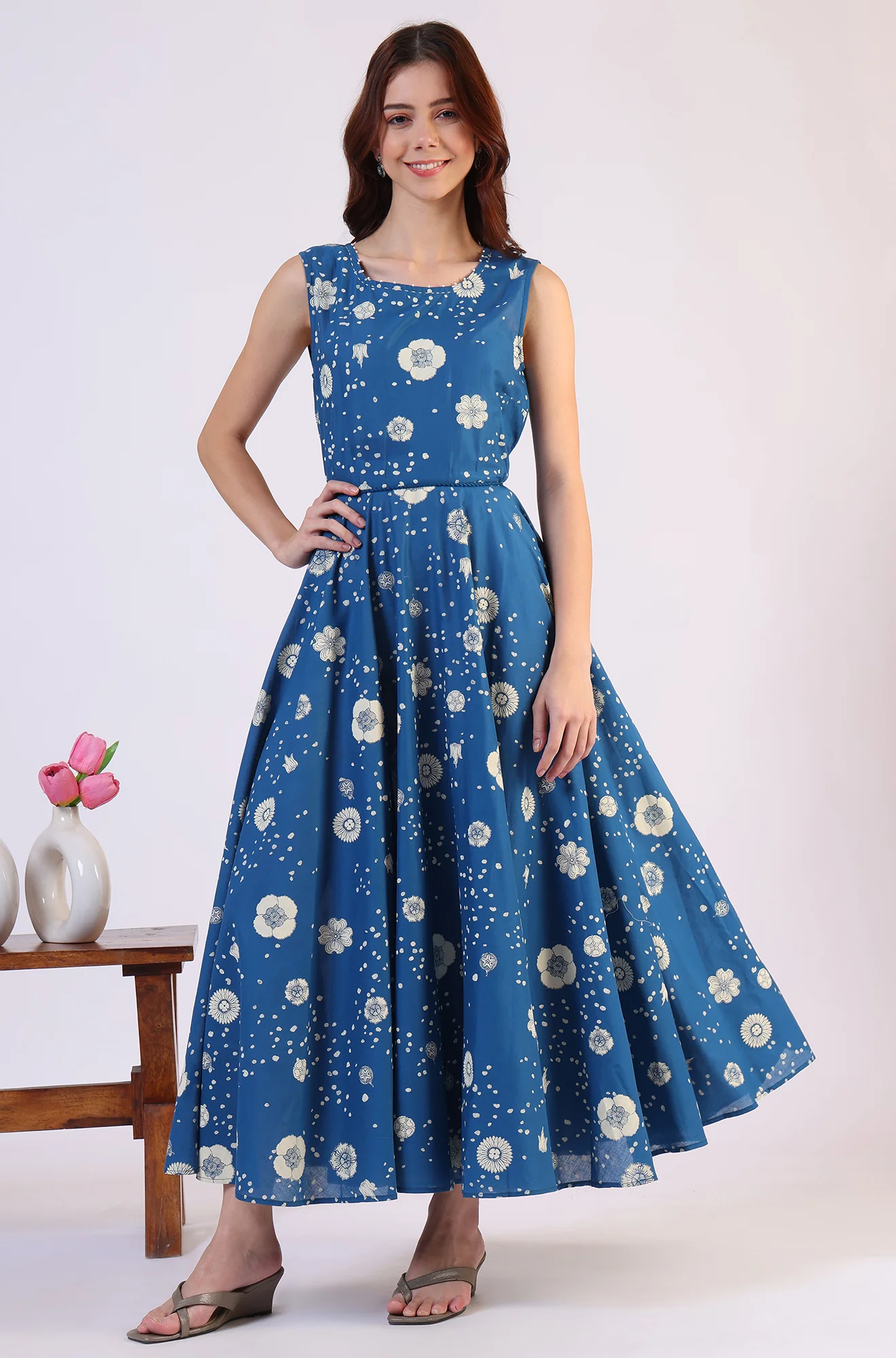 Ocean Blue Floral Printed Pure Cotton Flared Dress in Boat Neck - Image 2