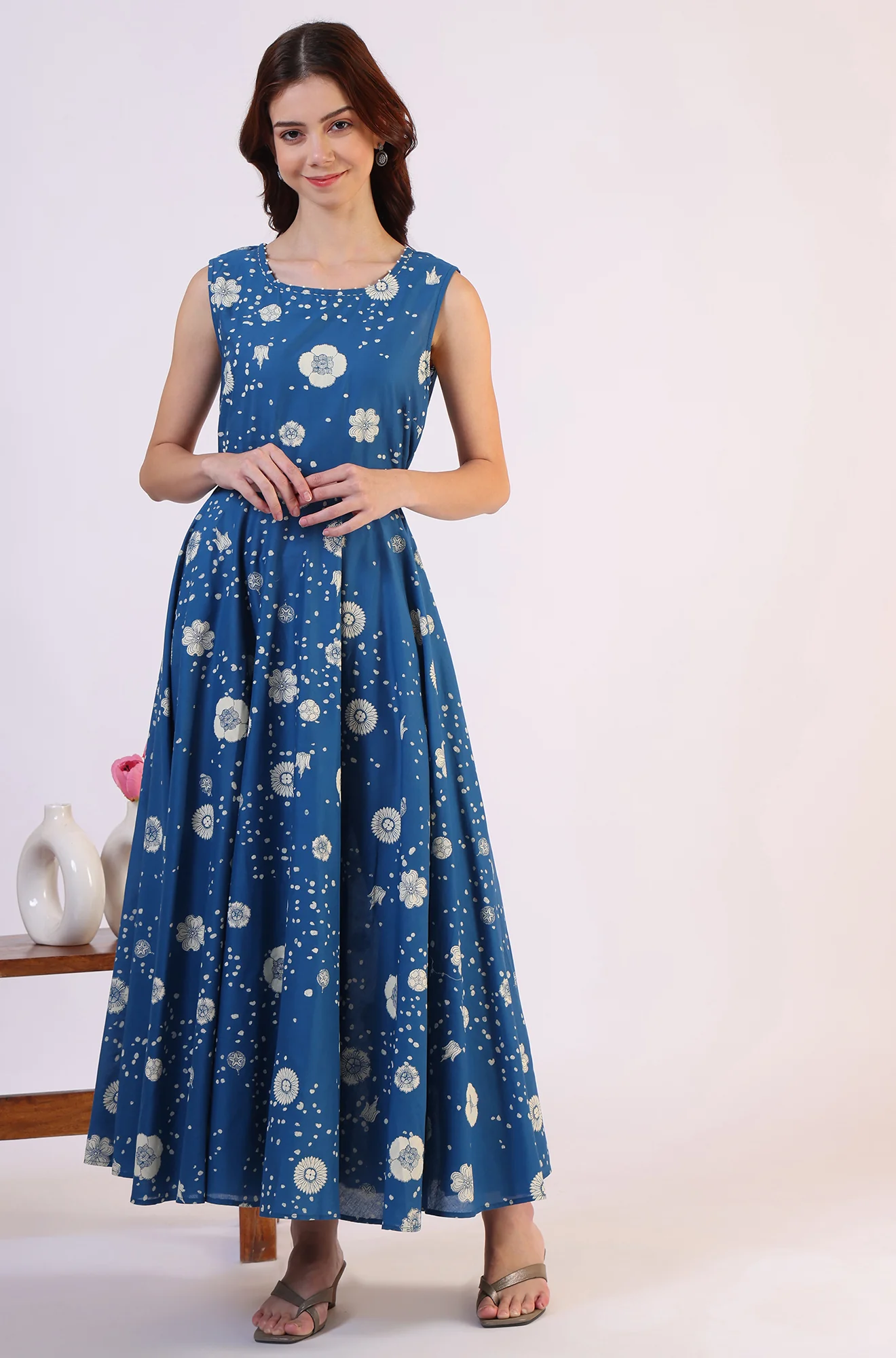 Ocean Blue Floral Printed Pure Cotton Flared Dress in Boat Neck - Image 3