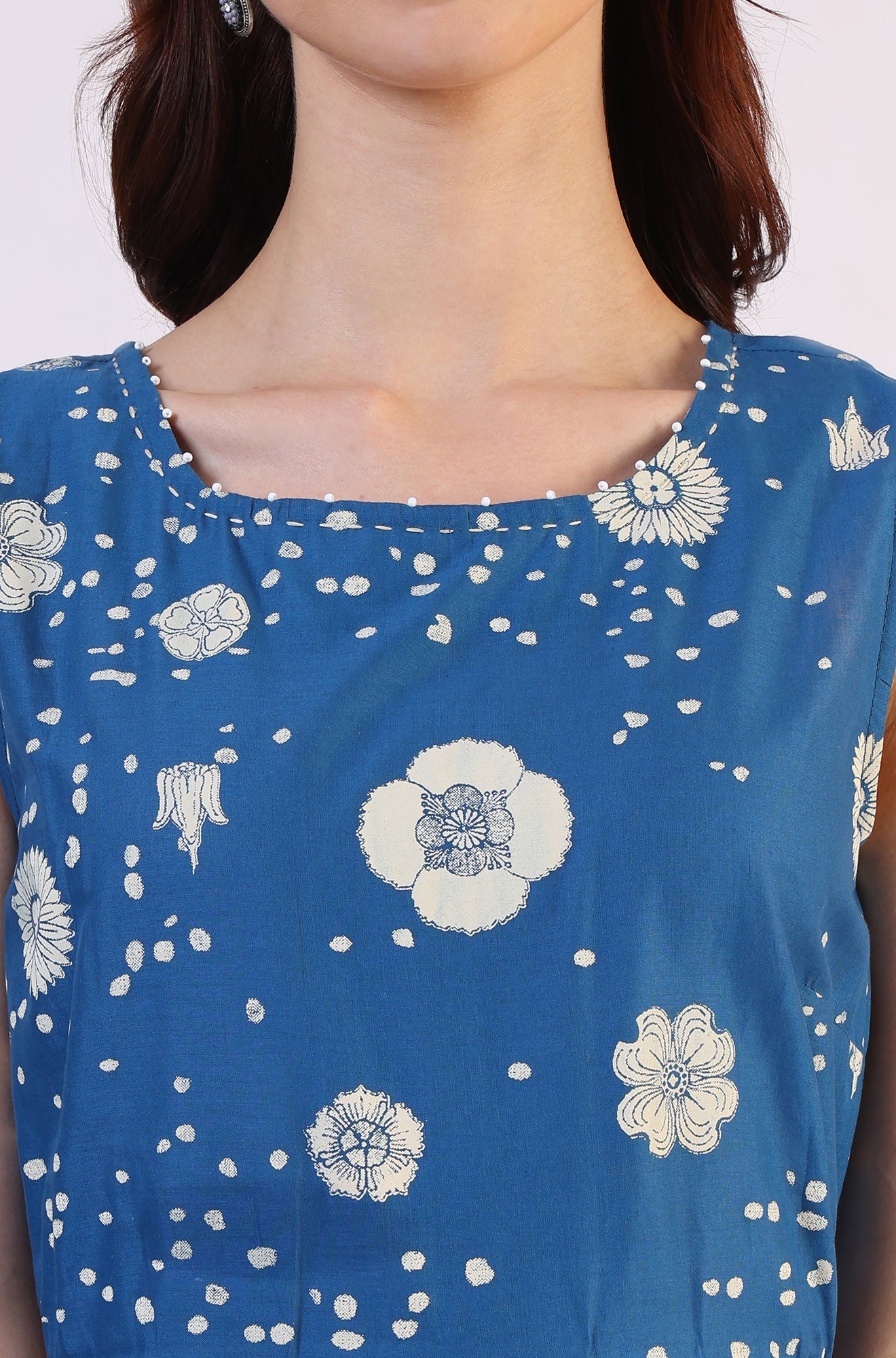 Ocean Blue Floral Printed Pure Cotton Flared Dress in Boat Neck - Image 4