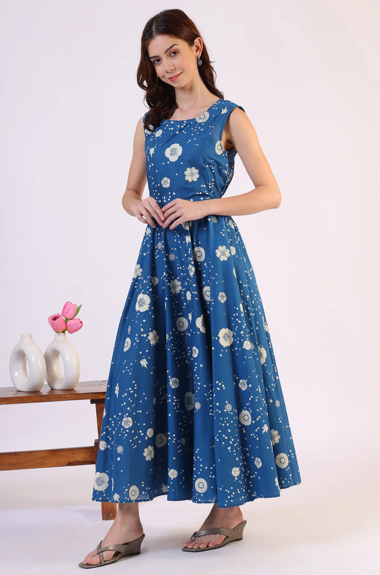 Ocean Blue Floral Printed Pure Cotton Flared Dress in Boat Neck - Image 5